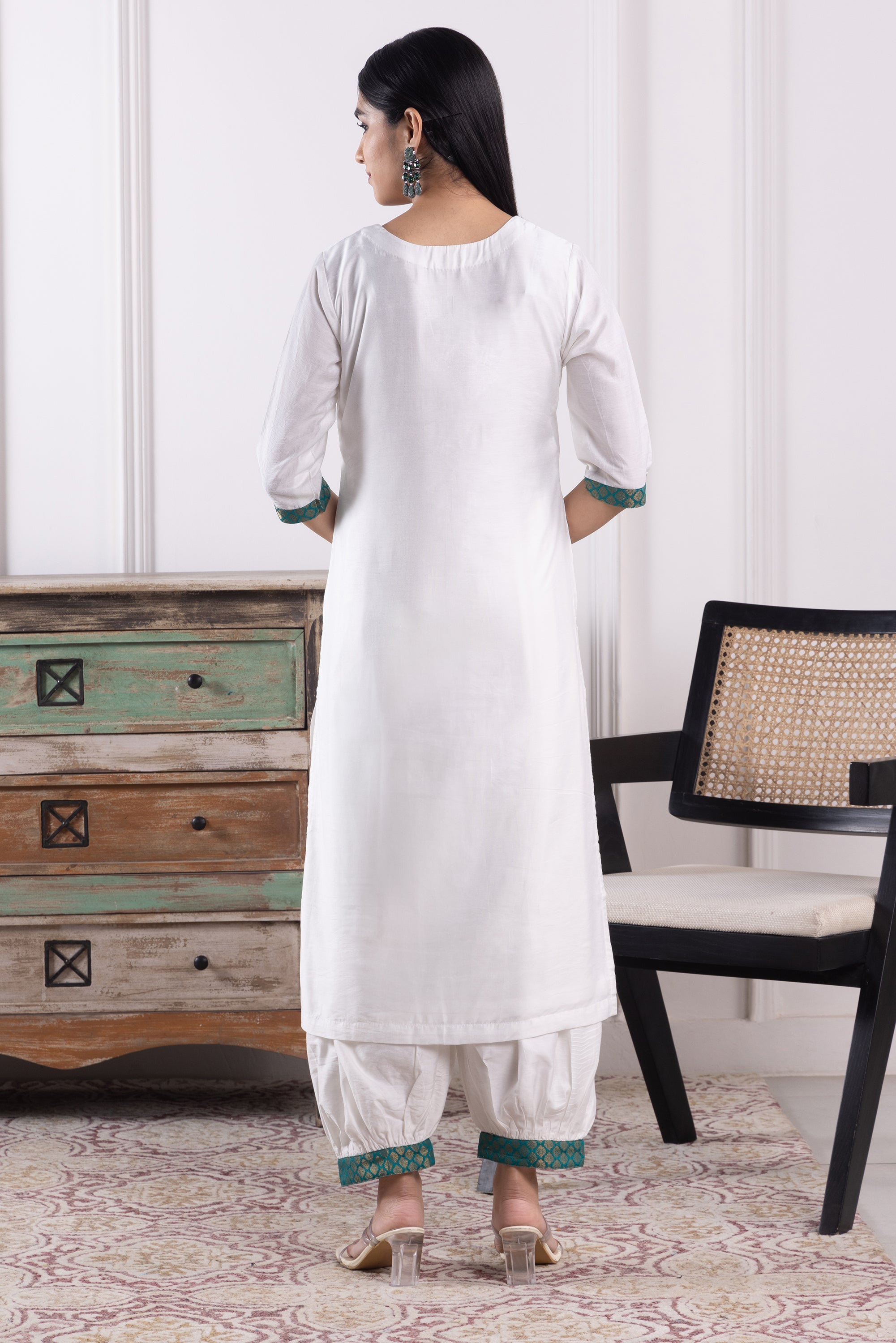 Savannah White & Green Chanderi Kurta Set