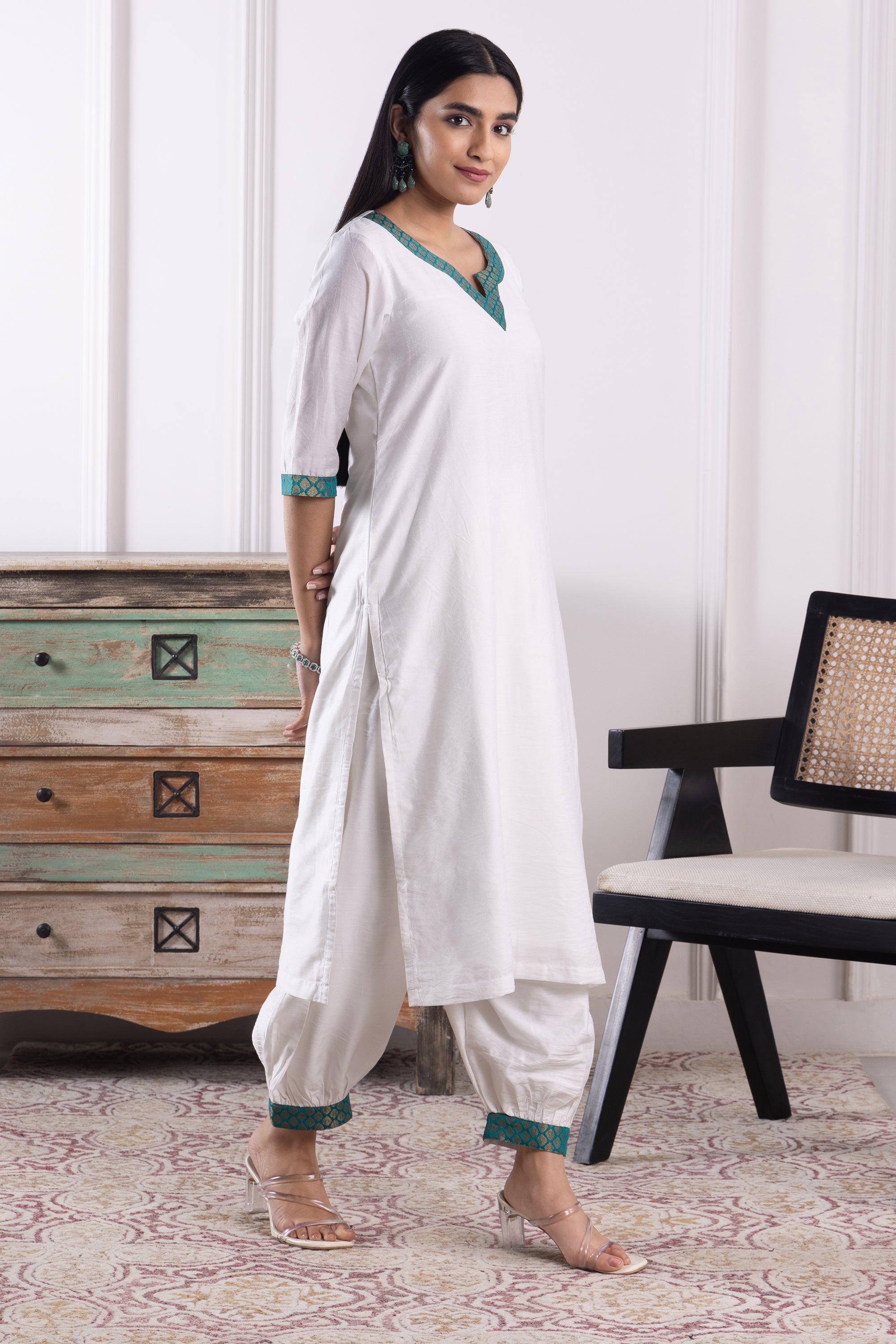 Savannah White & Green Chanderi Kurta Set