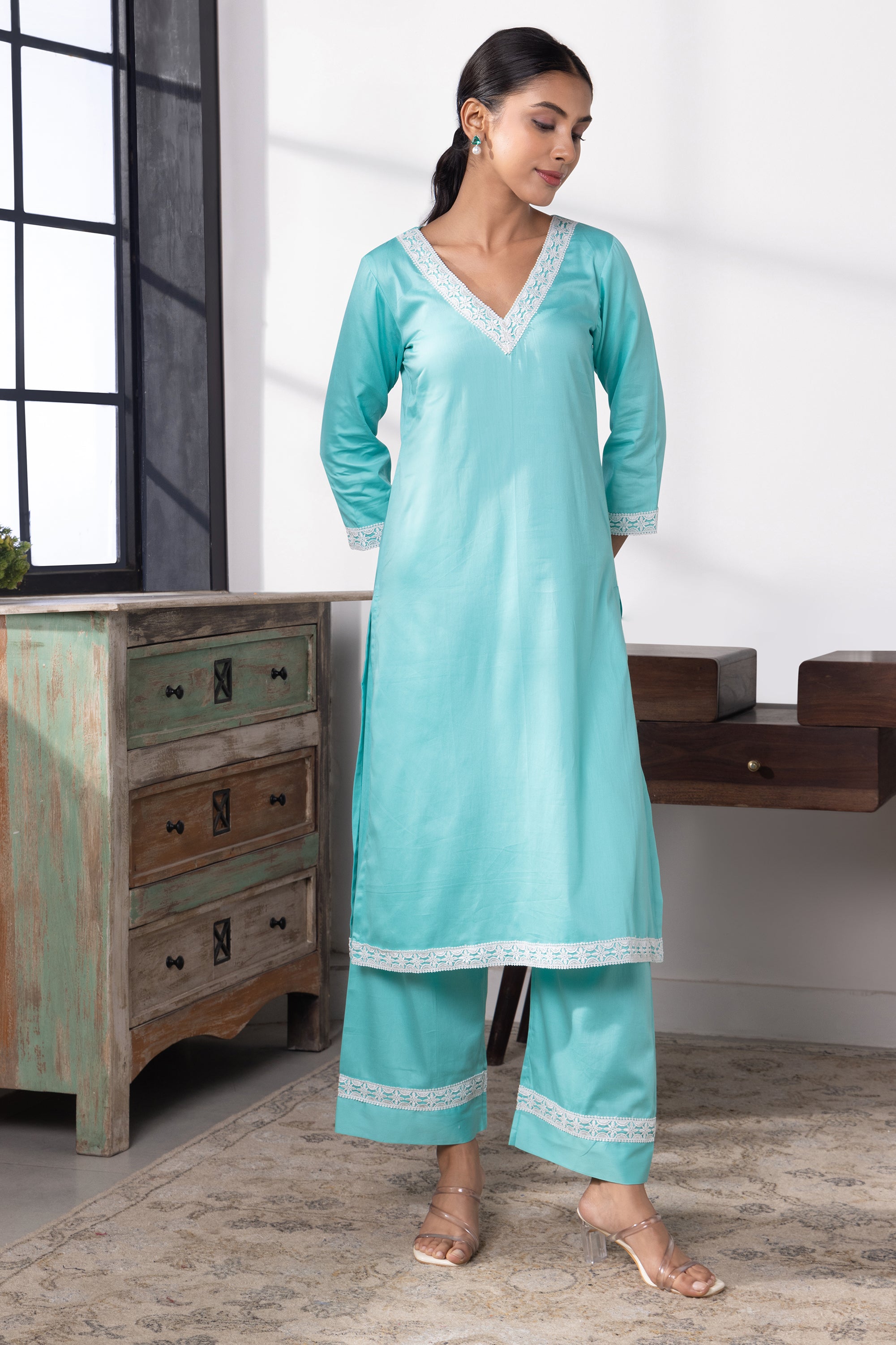 Novella Aqua Blue Cotton Kurta Set