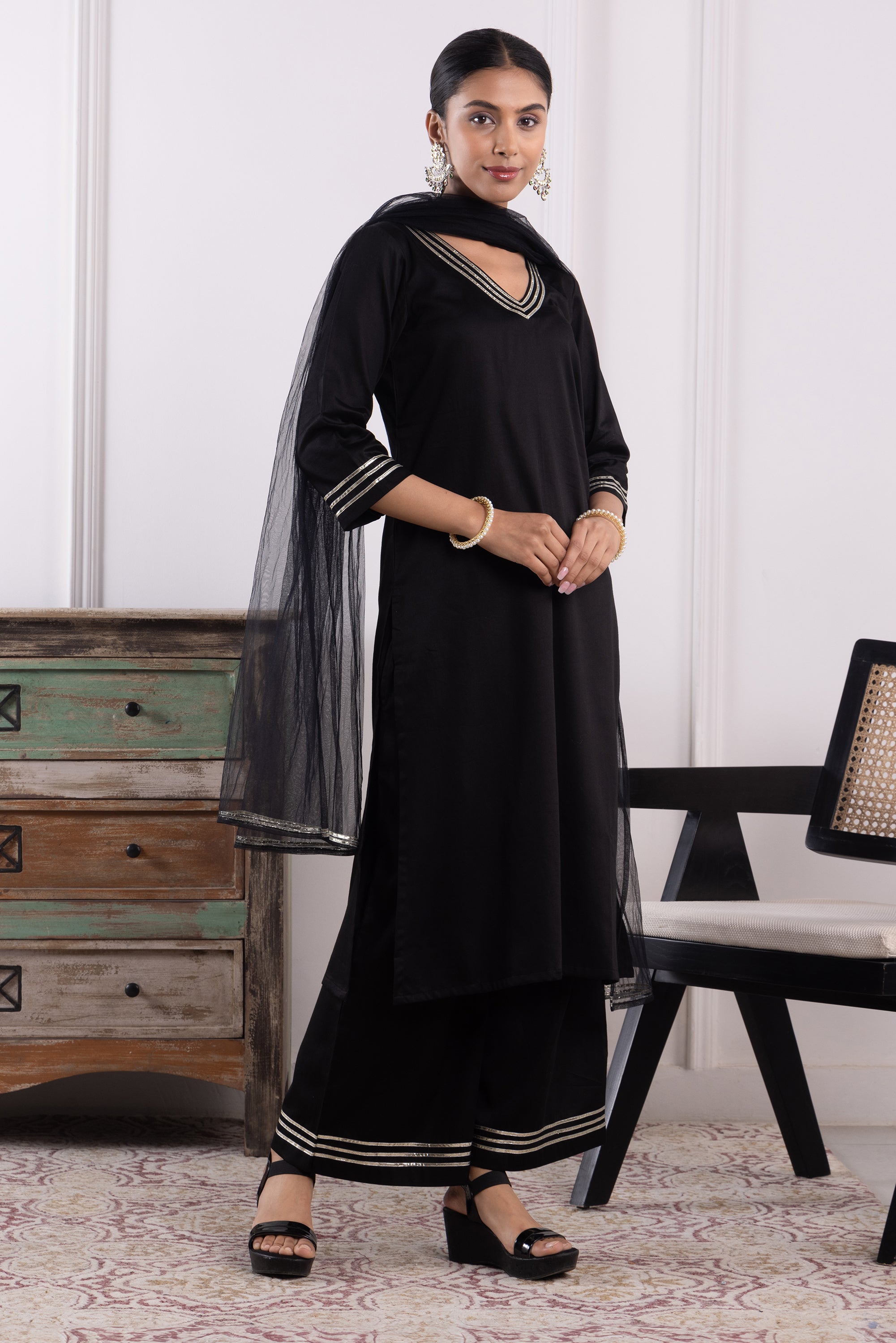 Victoria Black Cotton Kurta Set with Dupatta