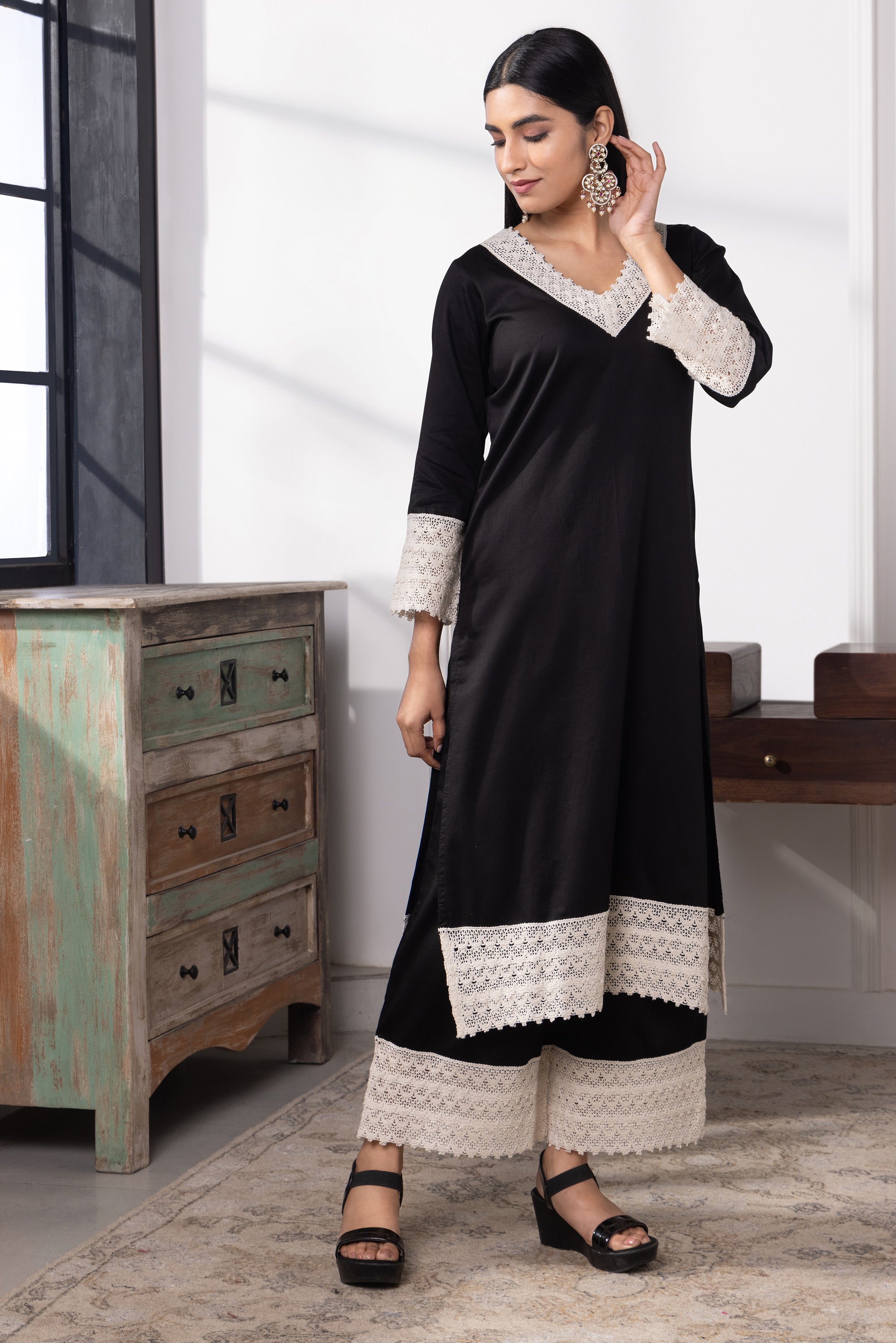 Aleena Black Cotton Kurta Set