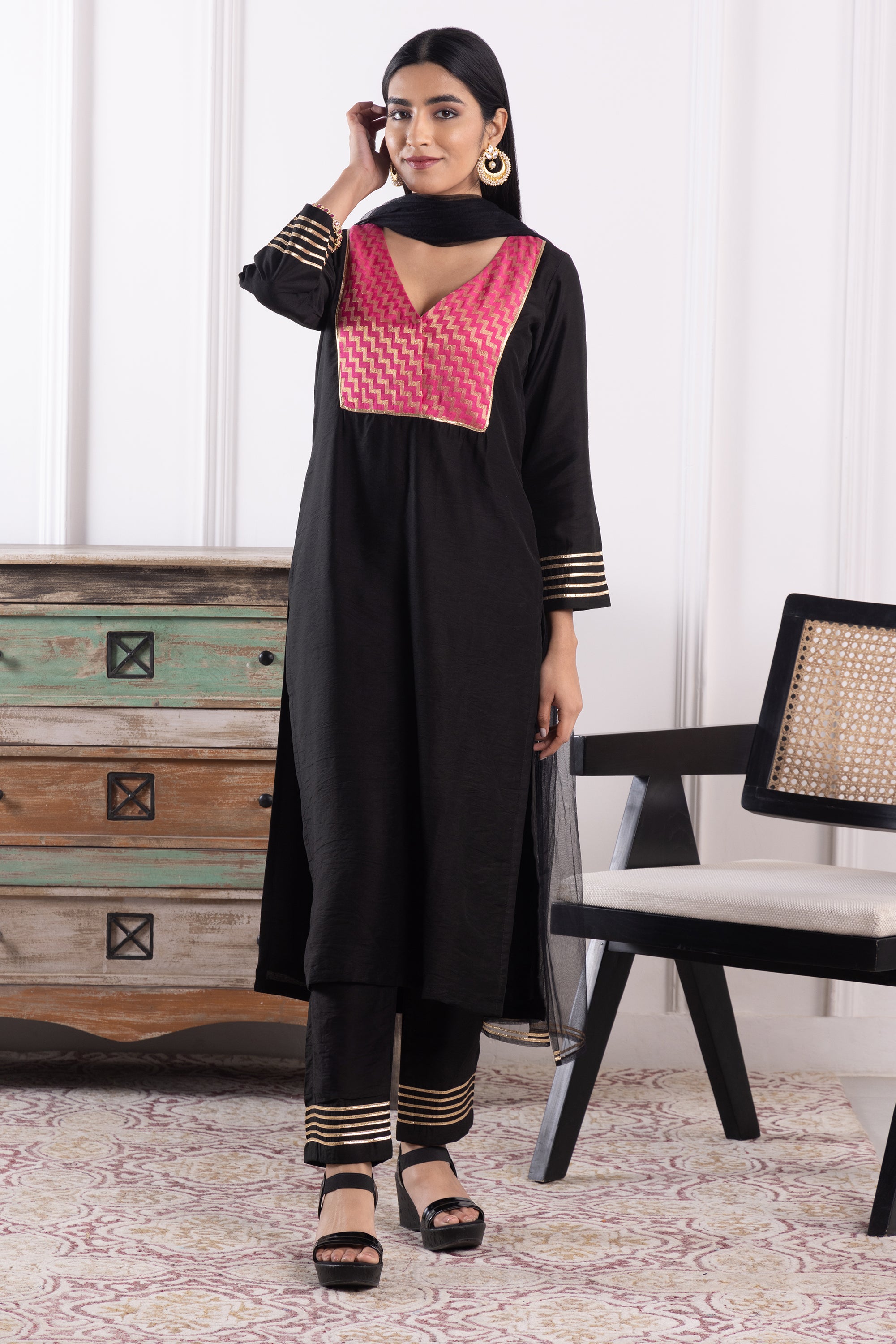Dahlia Black Chanderi Kurta Set with Dupatta