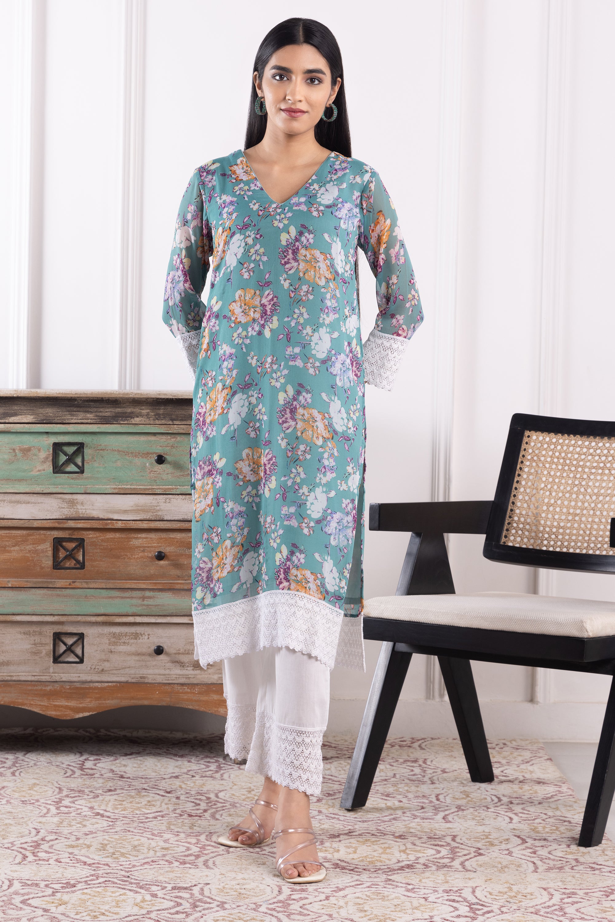 Solene Mint Floral Georgette Kurta Set