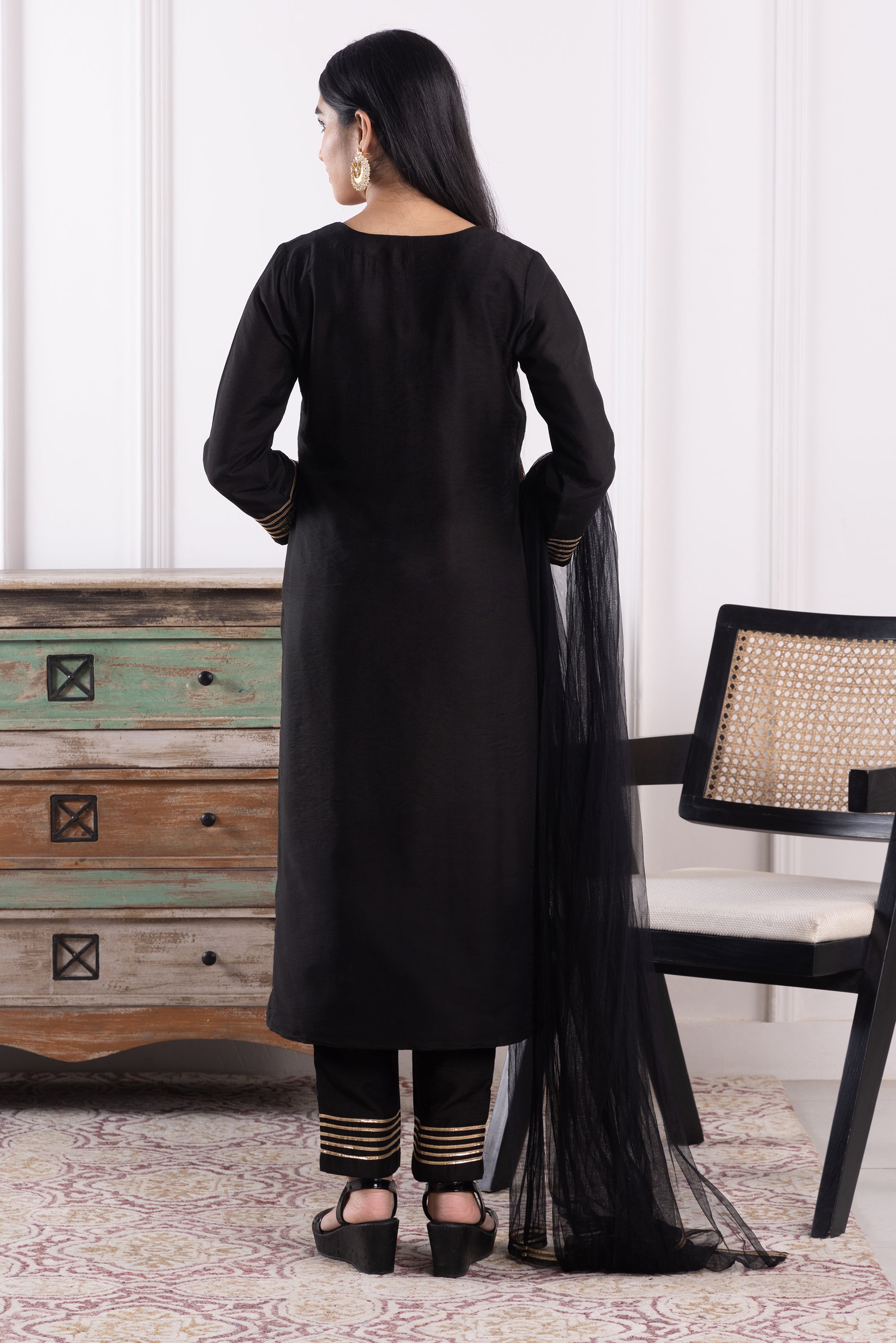 Dahlia Black Chanderi Kurta Set with Dupatta