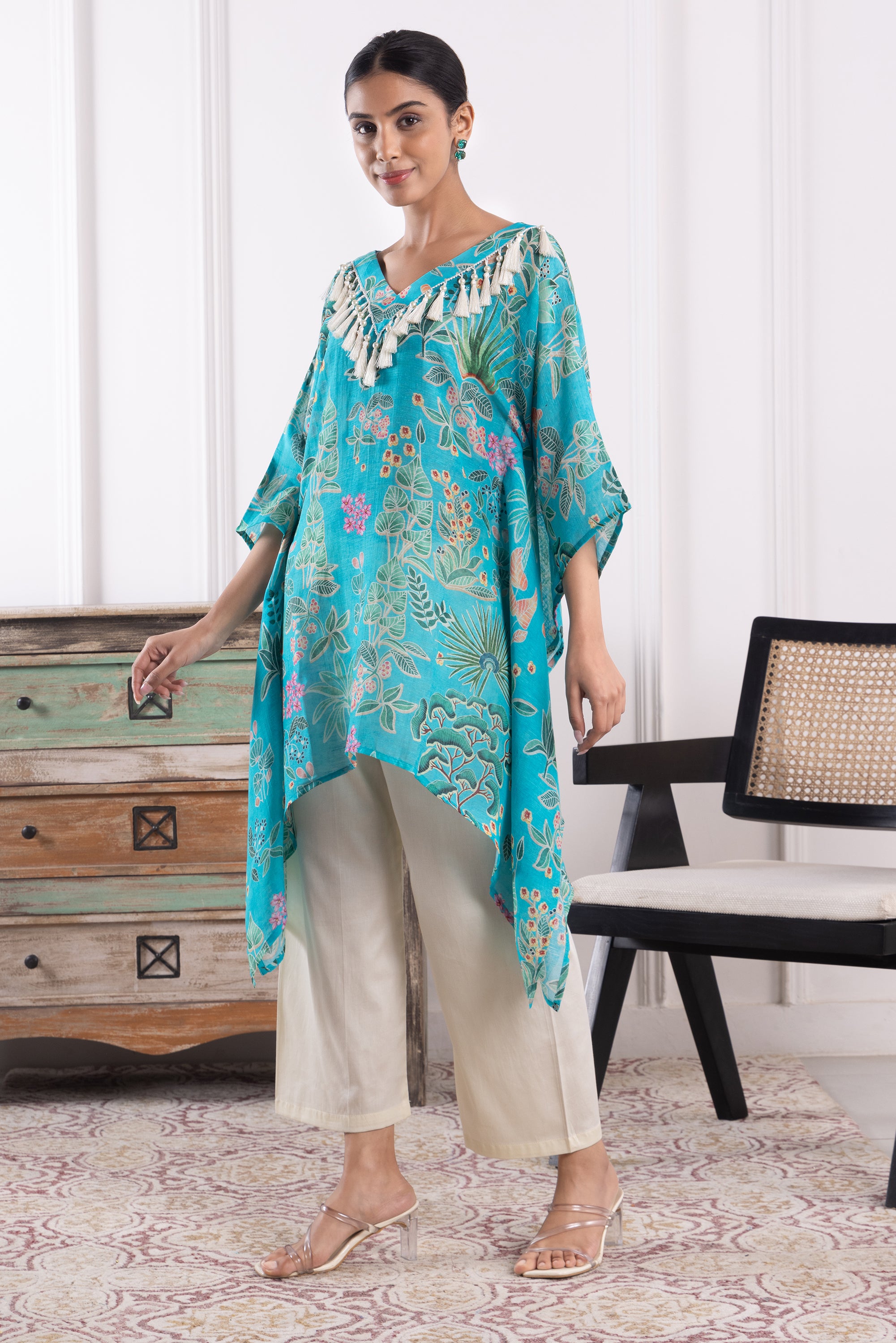 Camilla Blue Organza Floral Kaftan Set
