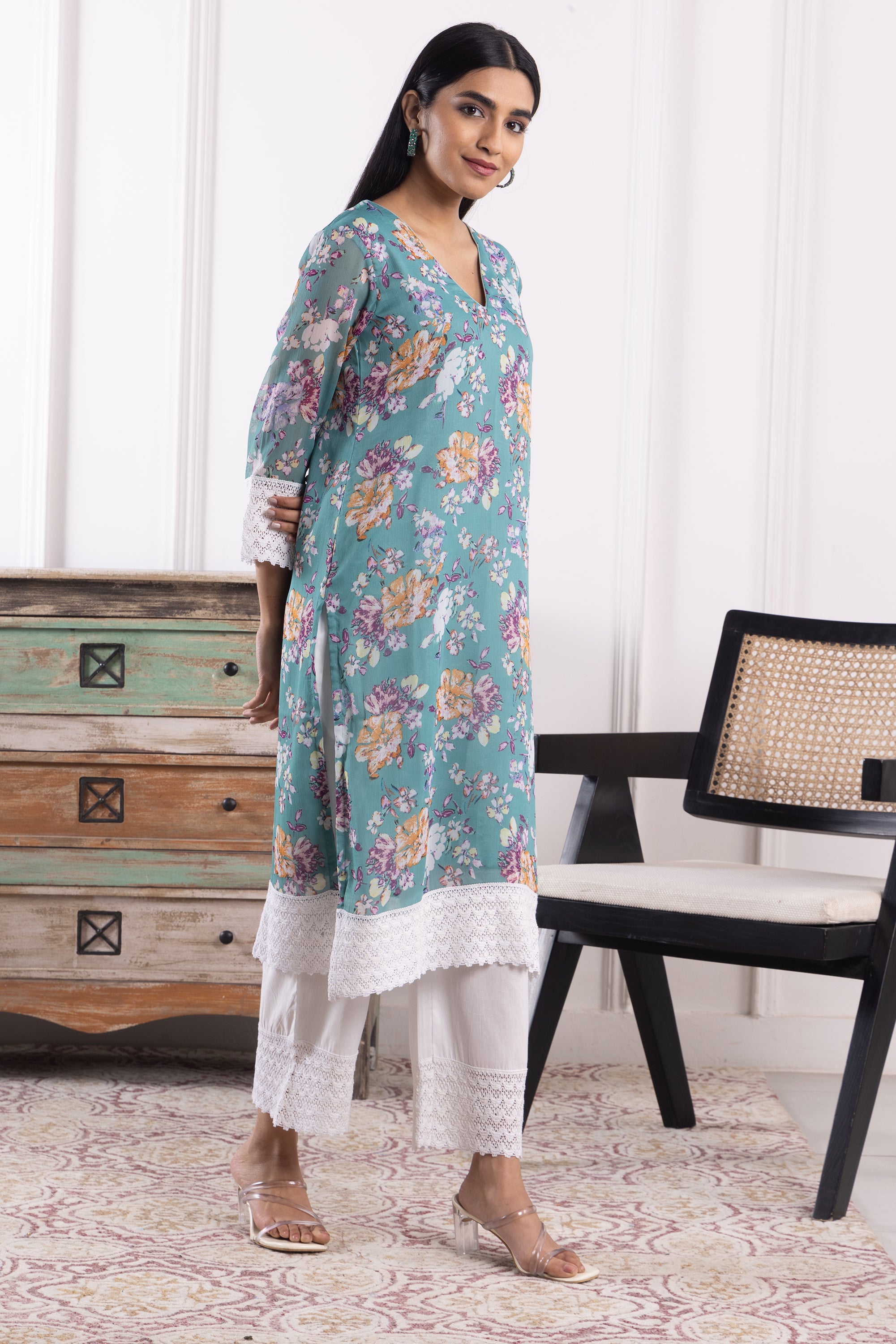 Solene Mint Floral Georgette Kurta Set