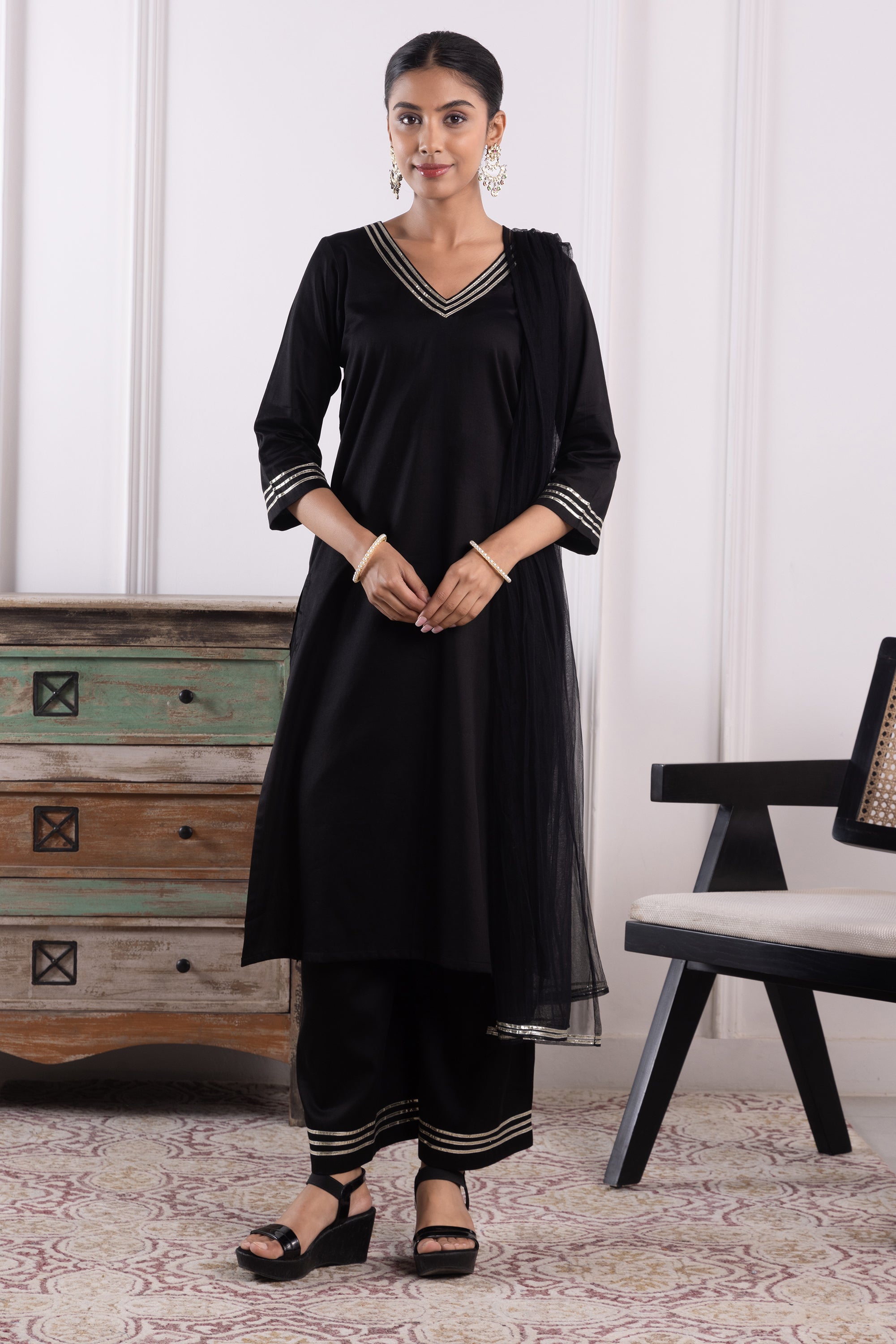 Victoria Black Cotton Kurta Set with Dupatta