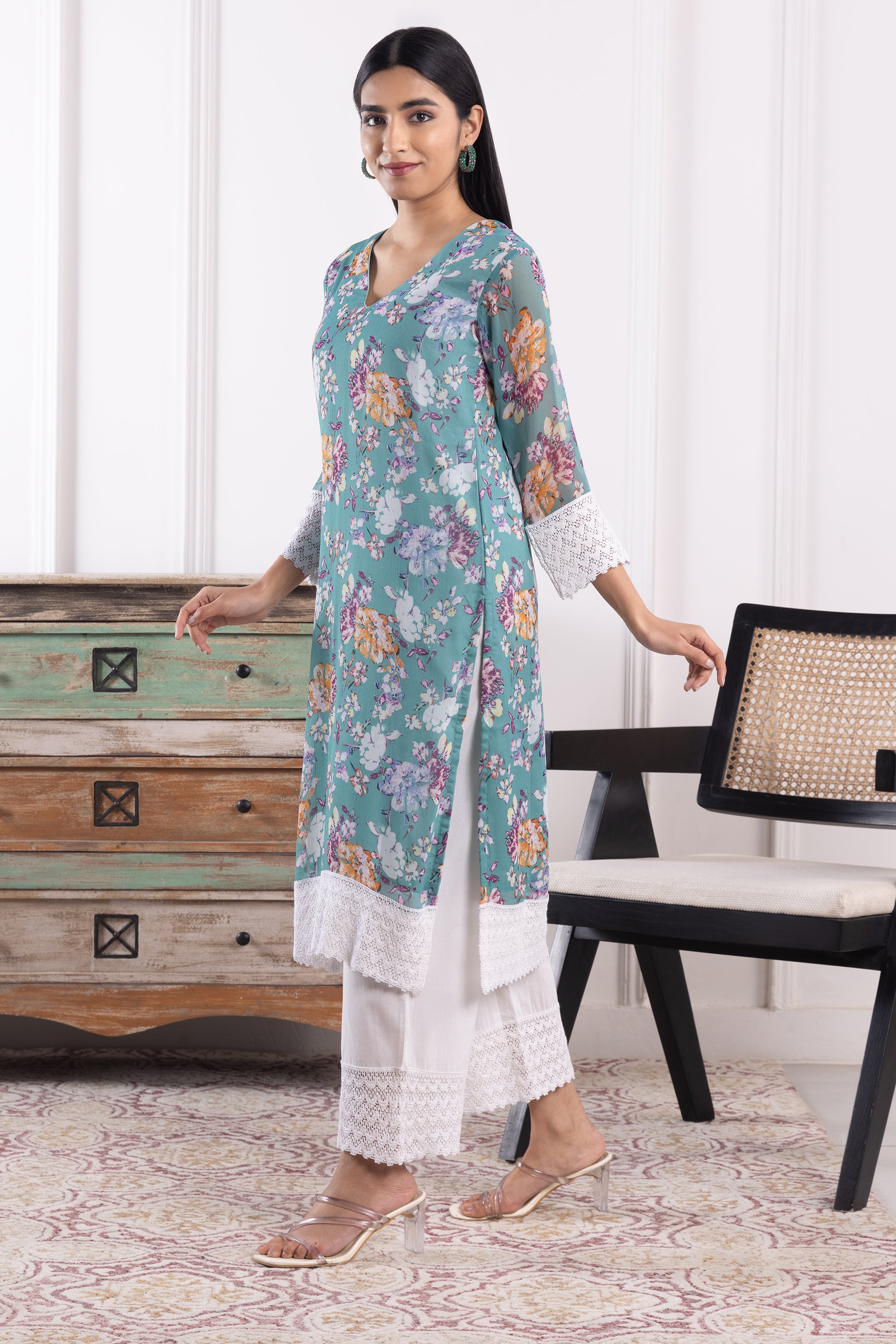 Solene Mint Floral Georgette Kurta Set