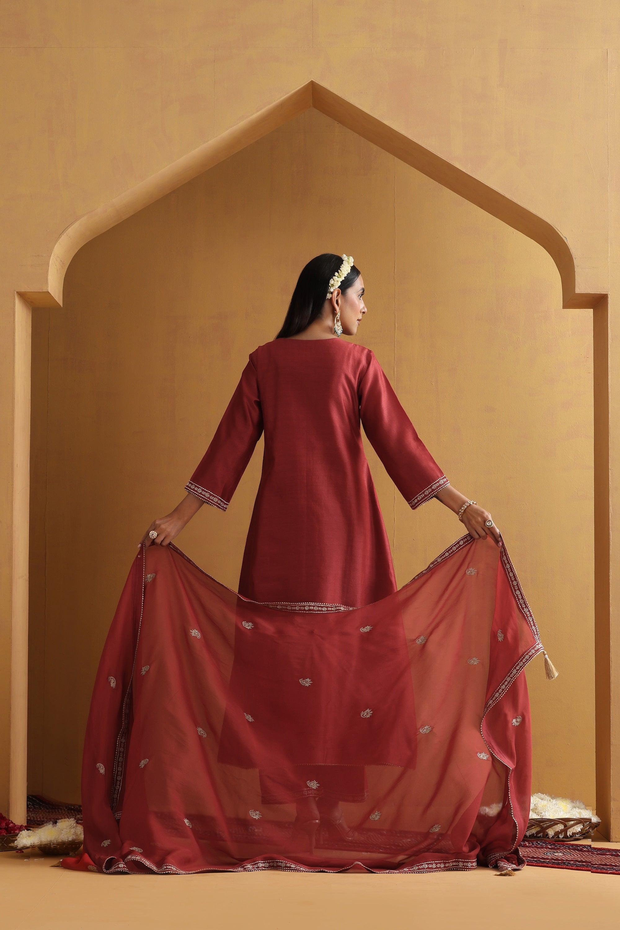 Yatika Rust Embroidered Pintex Kurta Set with Dupatta