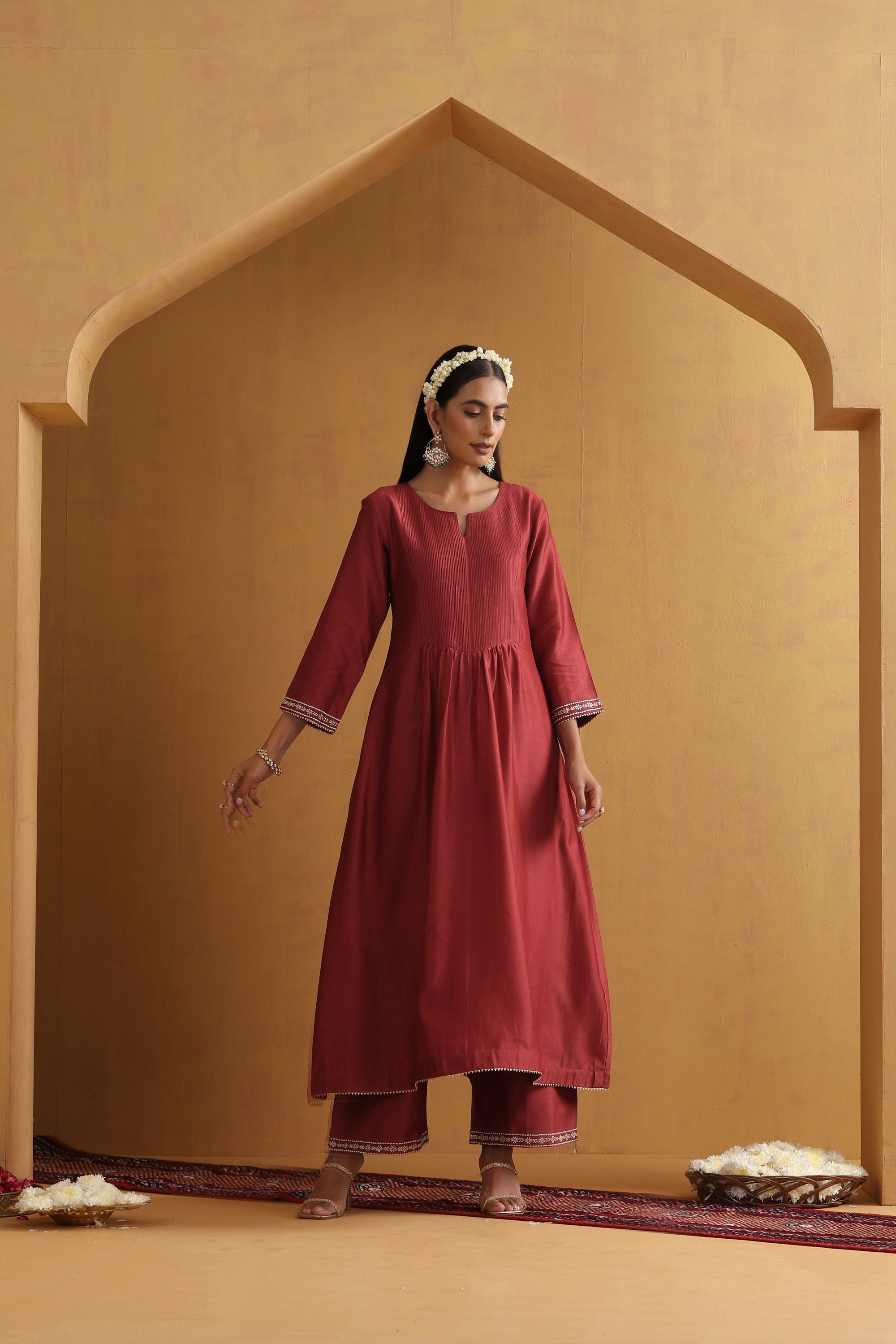 Yatika Rust Embroidered Pintex Kurta Set with Dupatta
