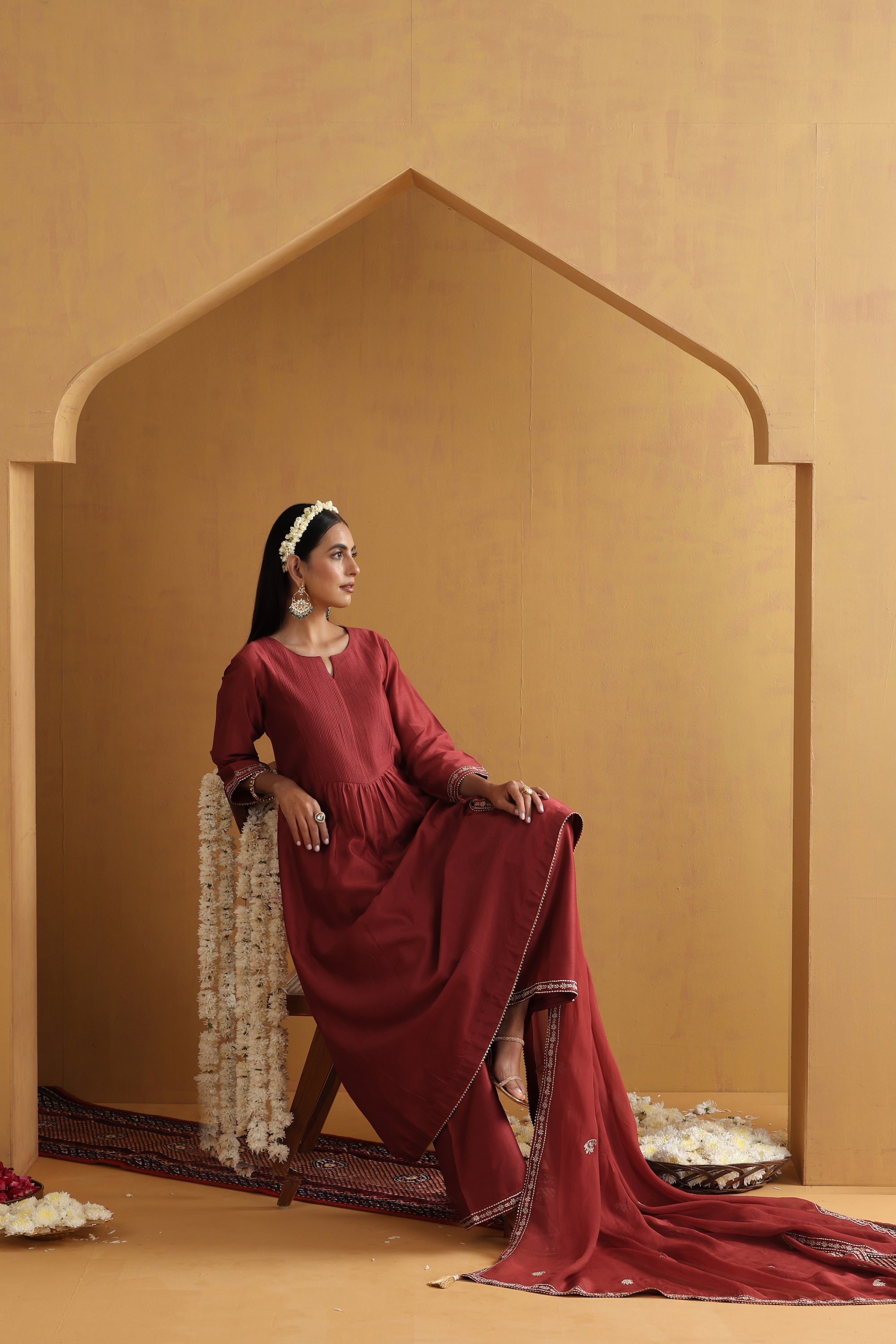 Yatika Rust Embroidered Pintex Kurta Set with Dupatta