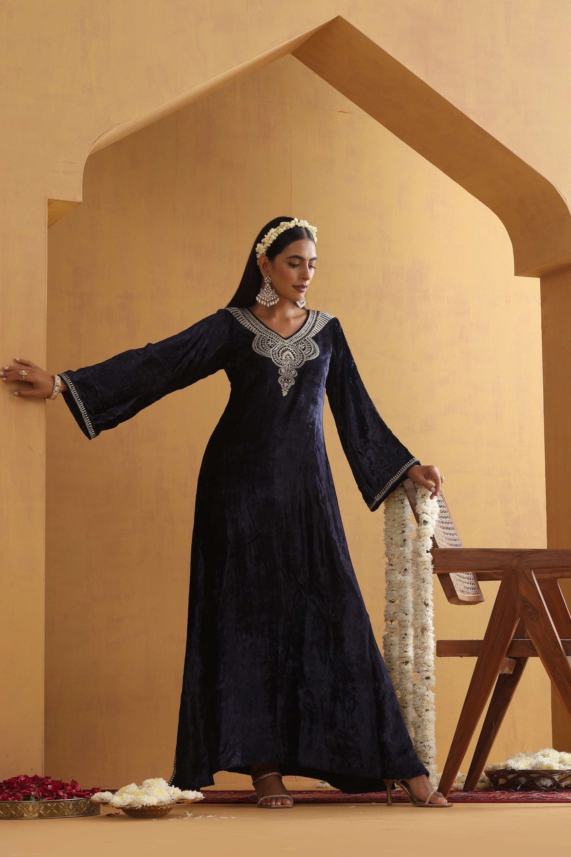 Svara Navy Blue Embroidered Kaftan