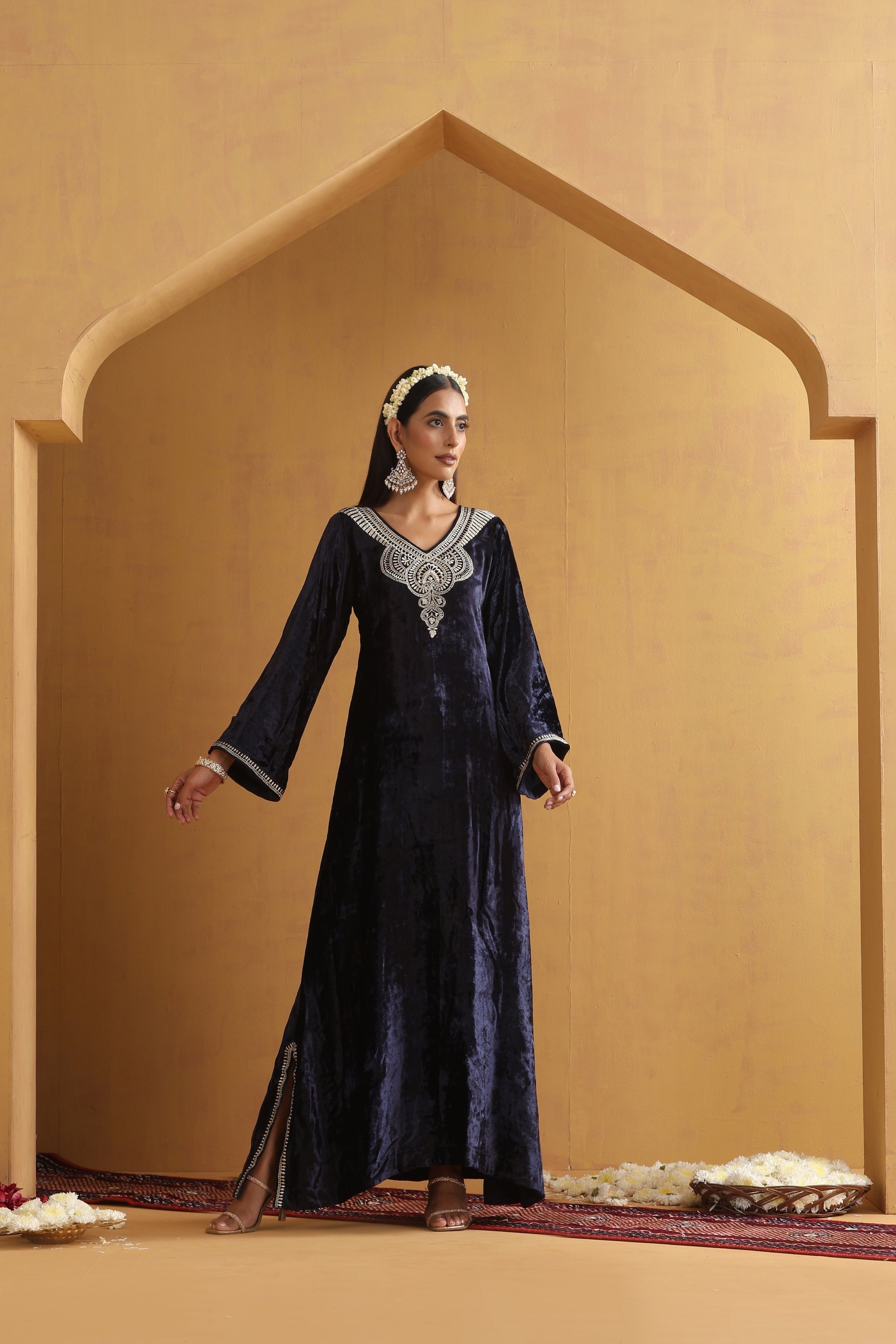 Svara Navy Blue Embroidered Kaftan