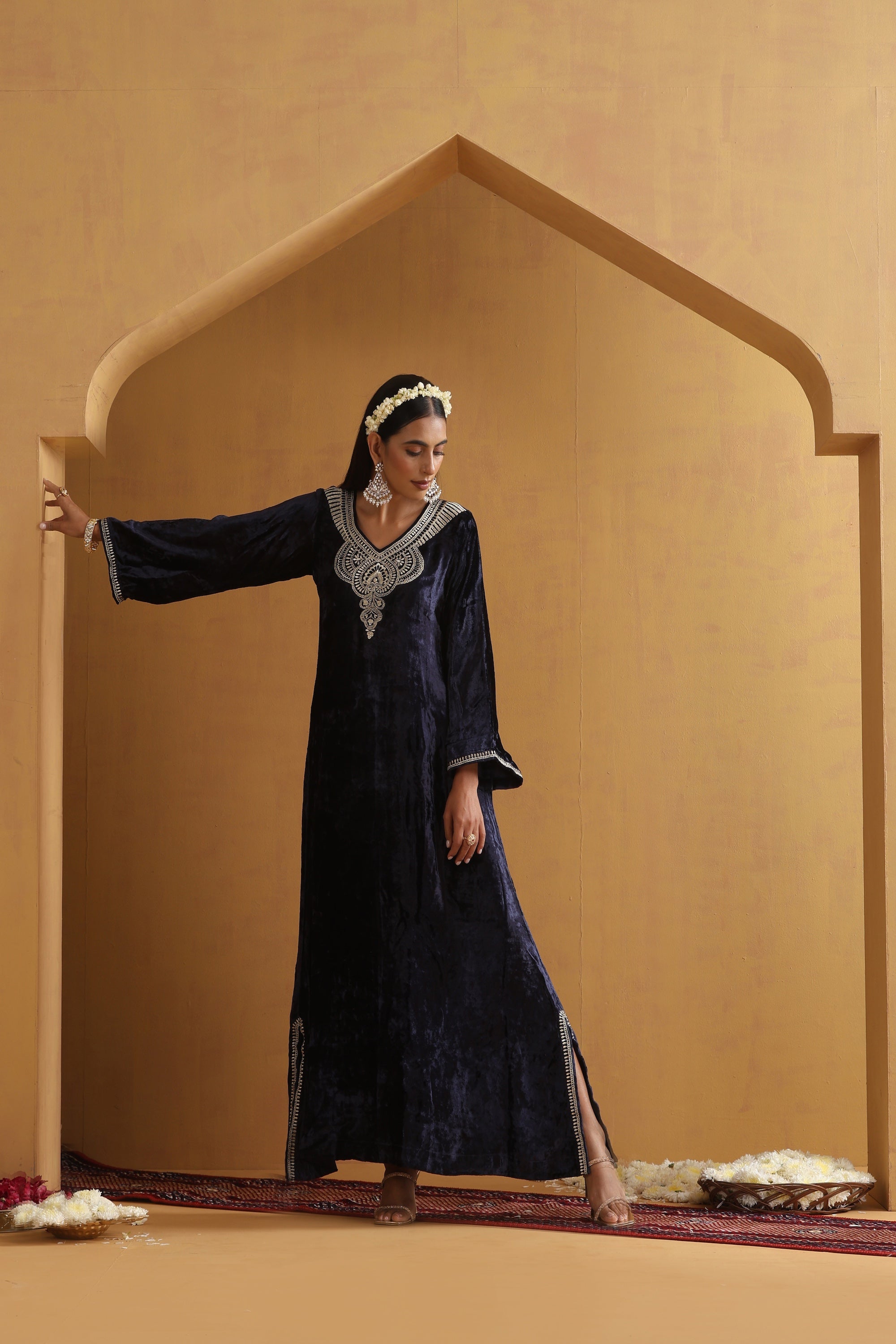 Svara Navy Blue Embroidered Kaftan