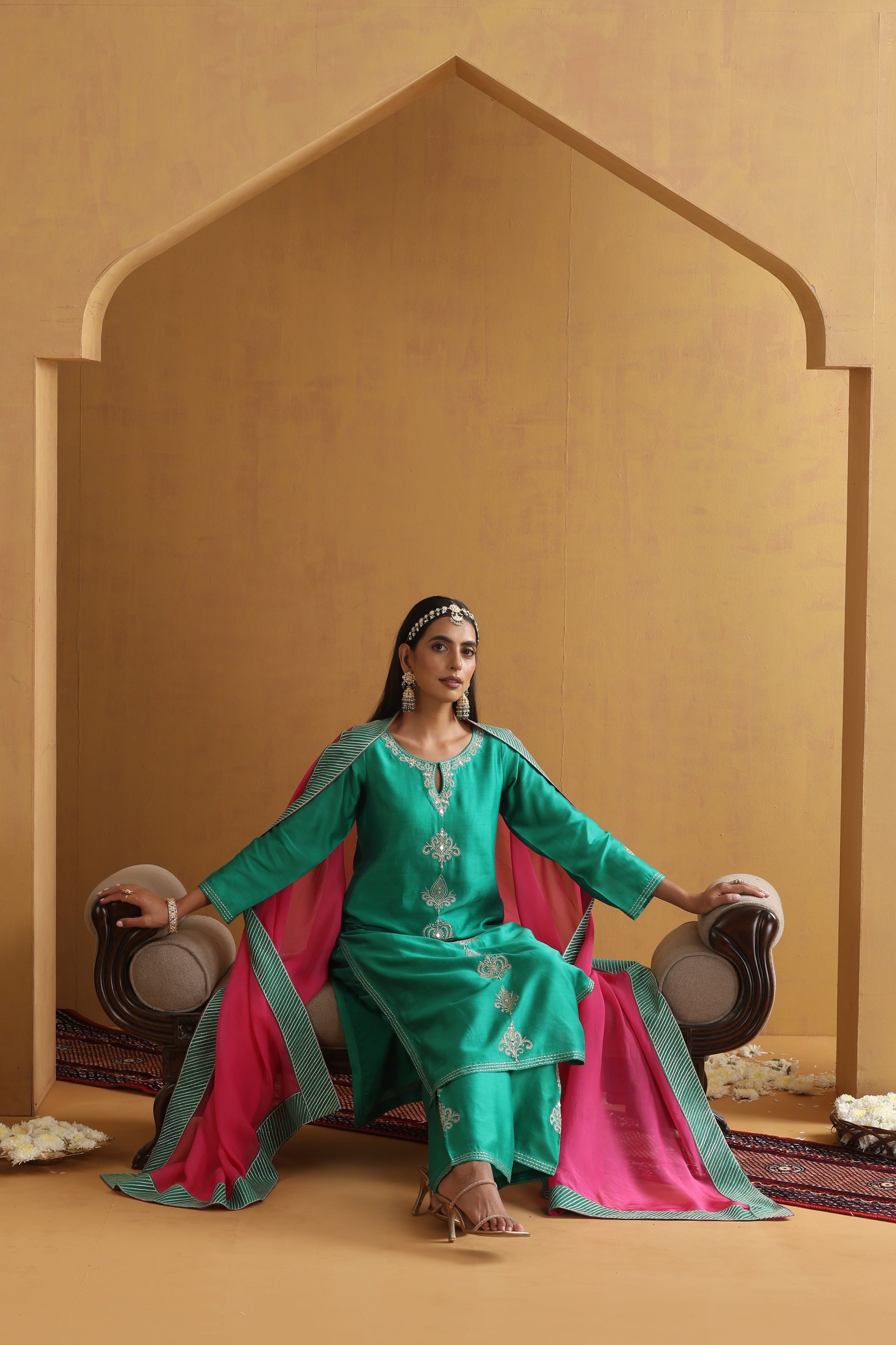 Noora Green Embroidered Kurta Set with Dupatta