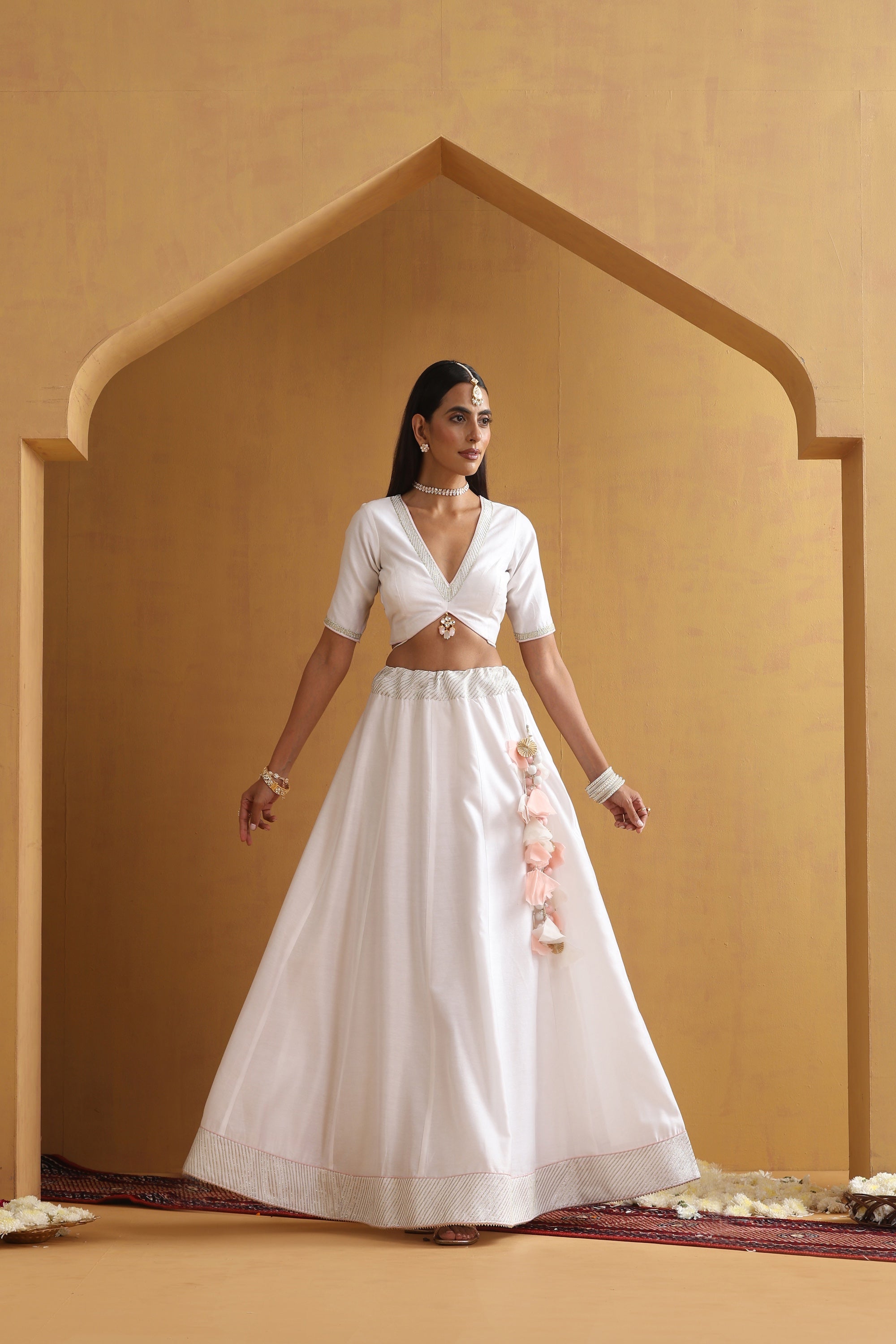 Nivetha White Embroidered Lehenga Set with Dupatta