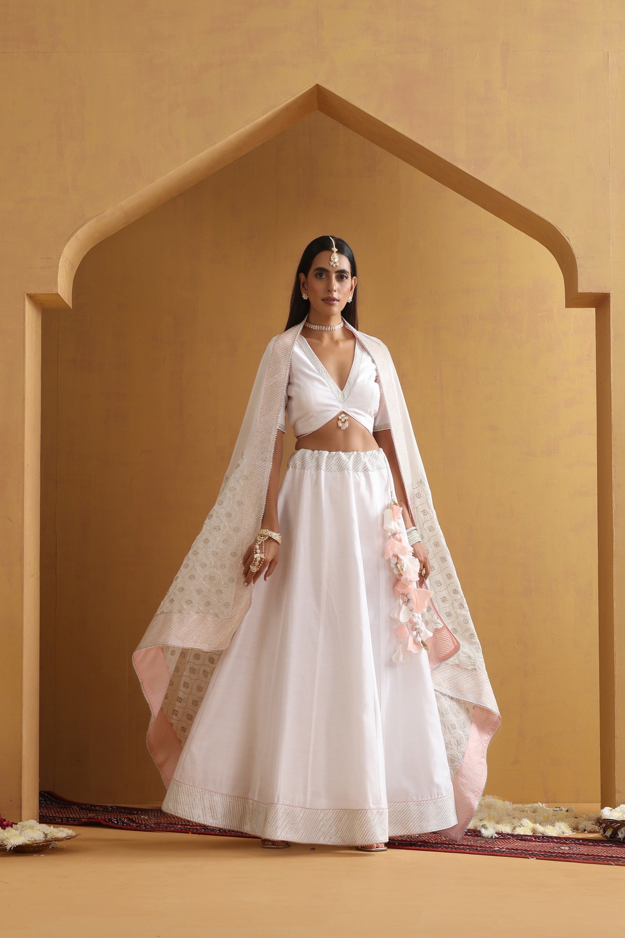 Nivetha White Embroidered Lehenga Set with Dupatta