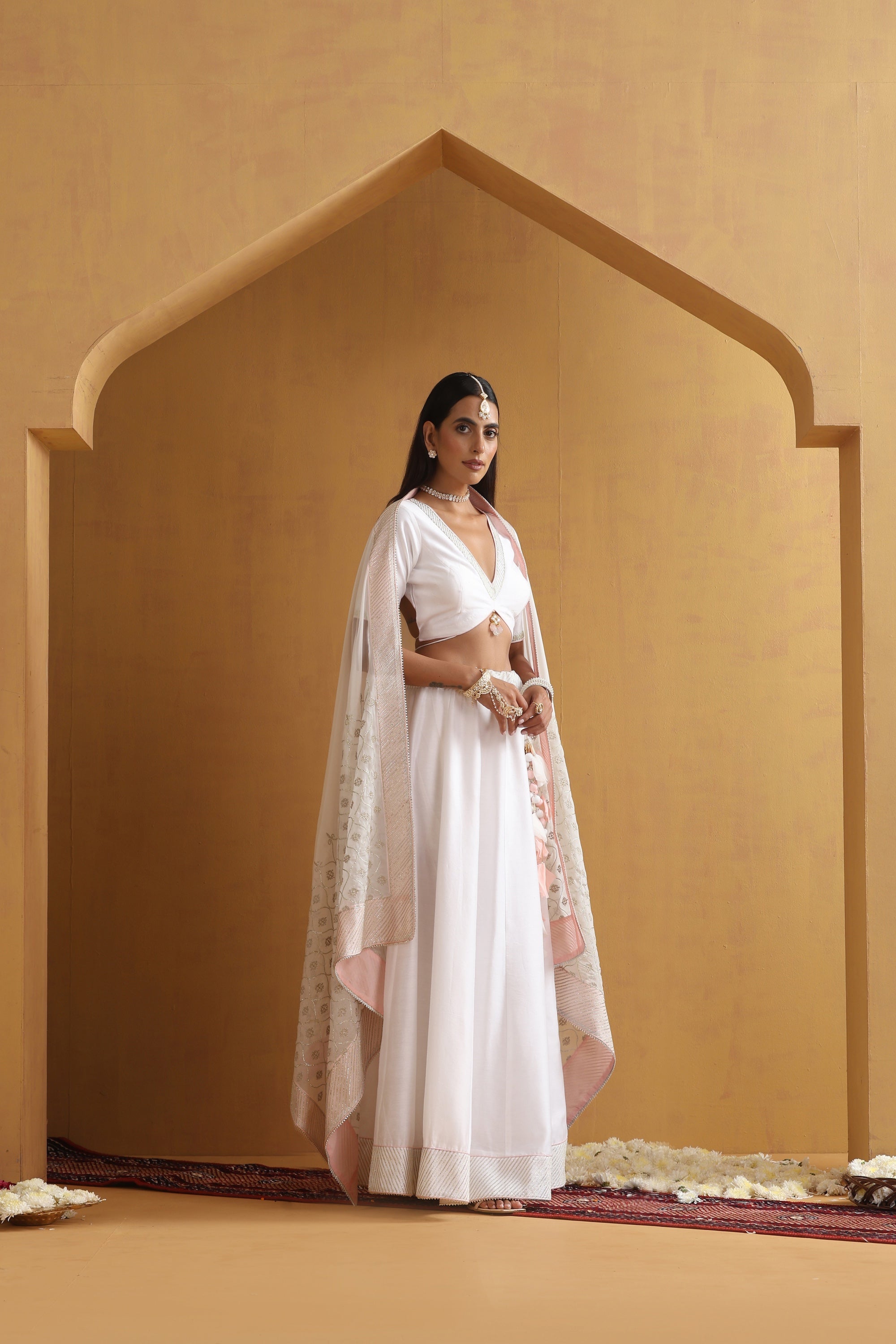 Nivetha White Embroidered Lehenga Set with Dupatta