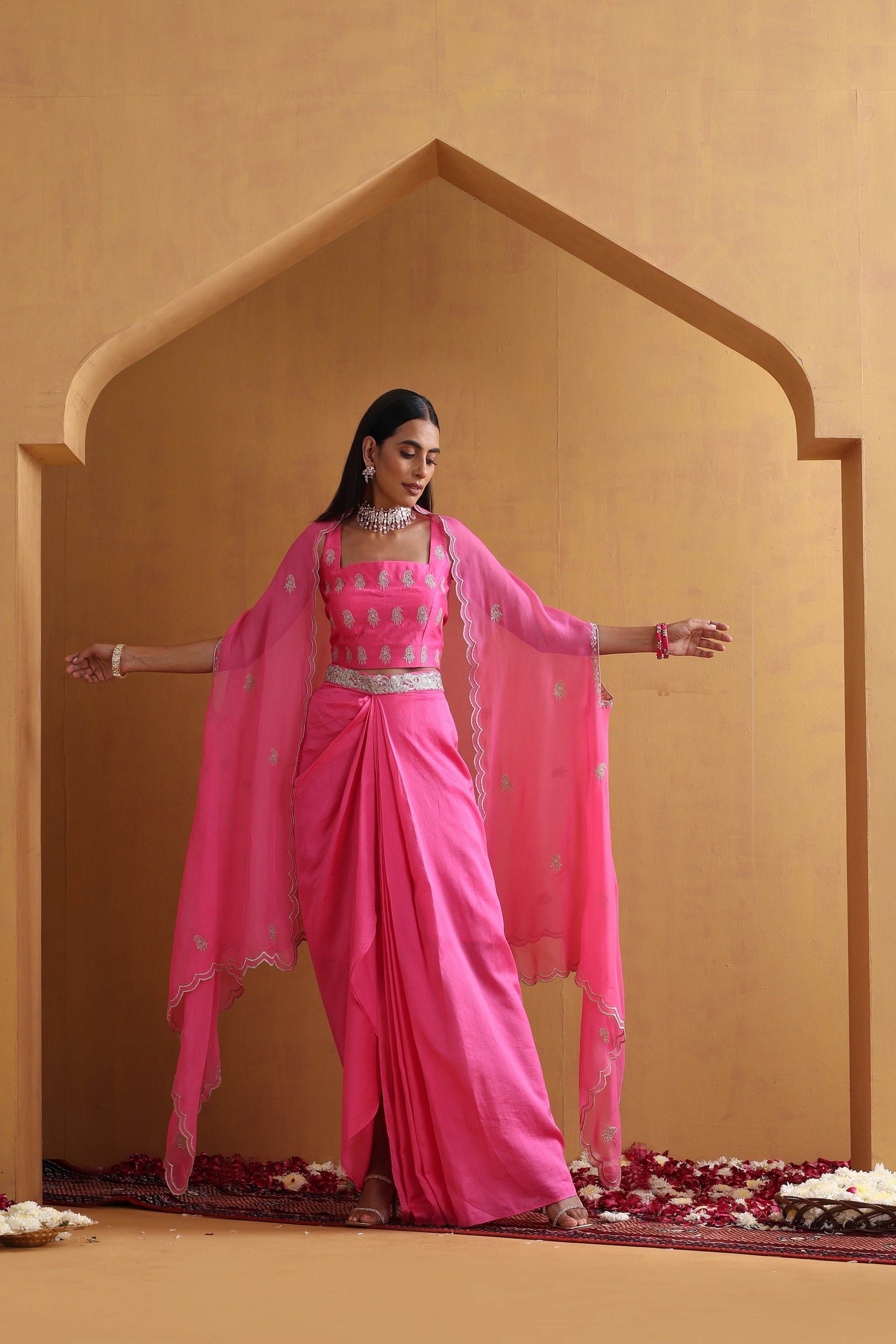 Aangan Pink Embroidered Draped Skirt Set with Cape