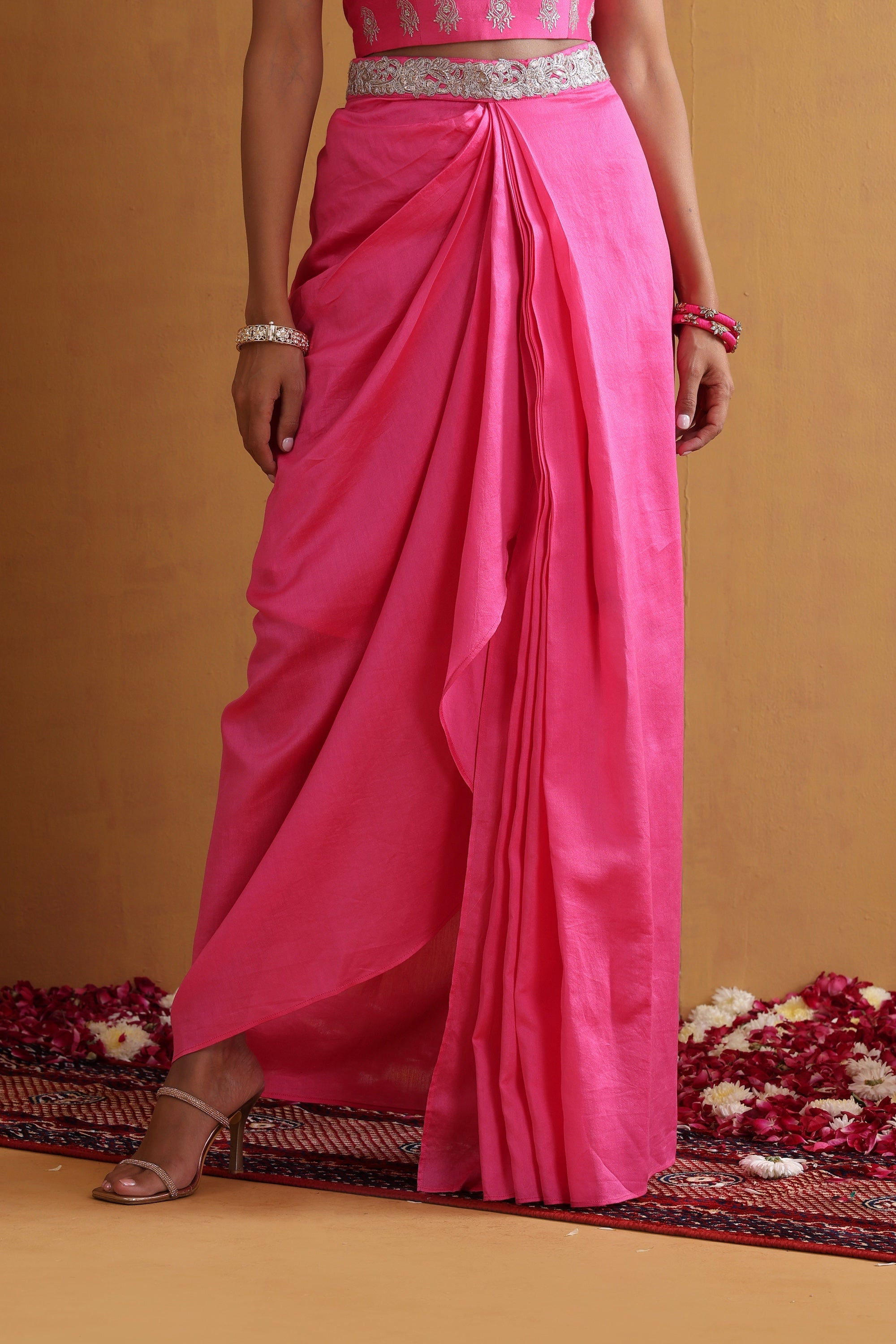 Aangan Pink Embroidered Draped Skirt Set with Cape