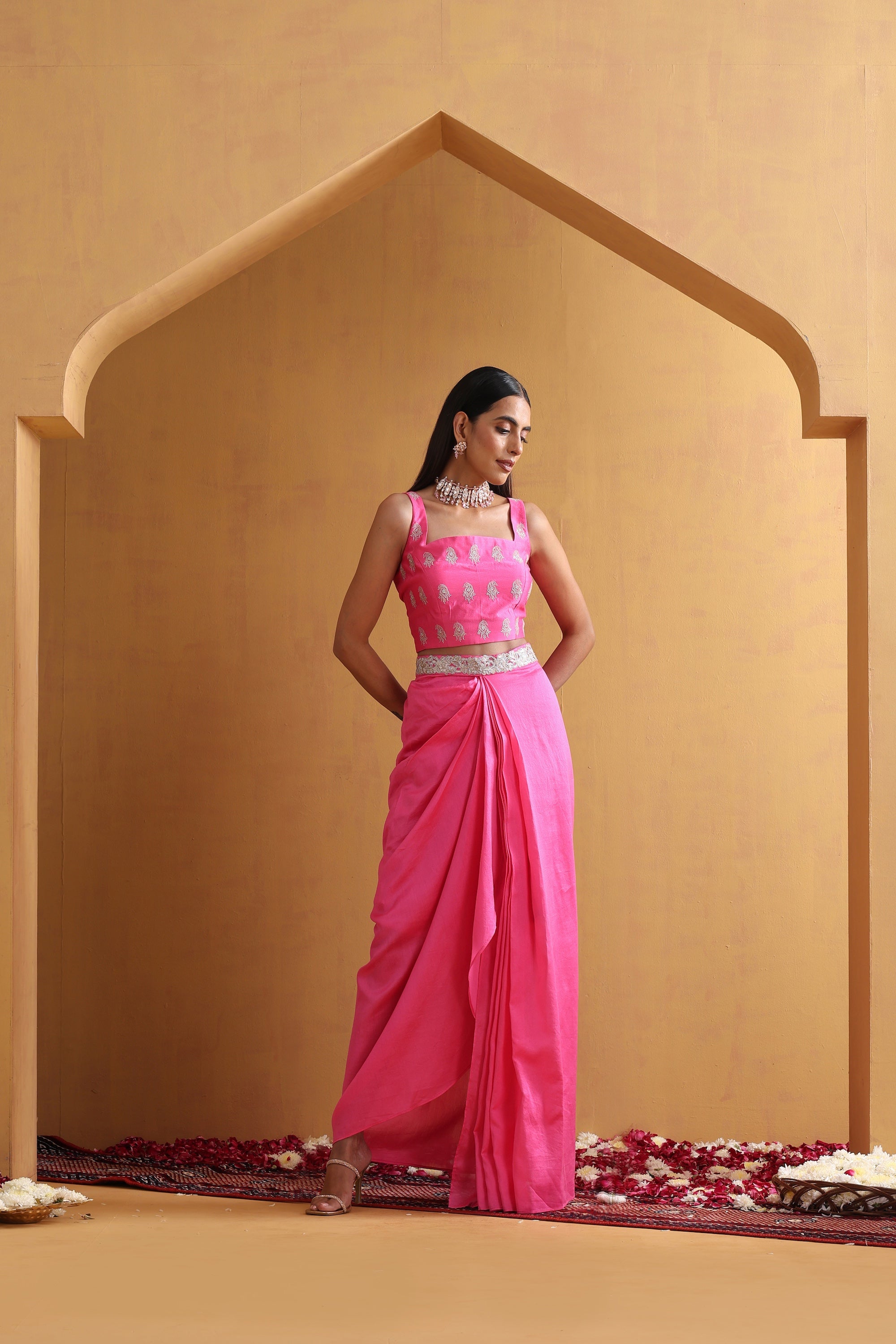 Aangan Pink Embroidered Draped Skirt Set with Cape