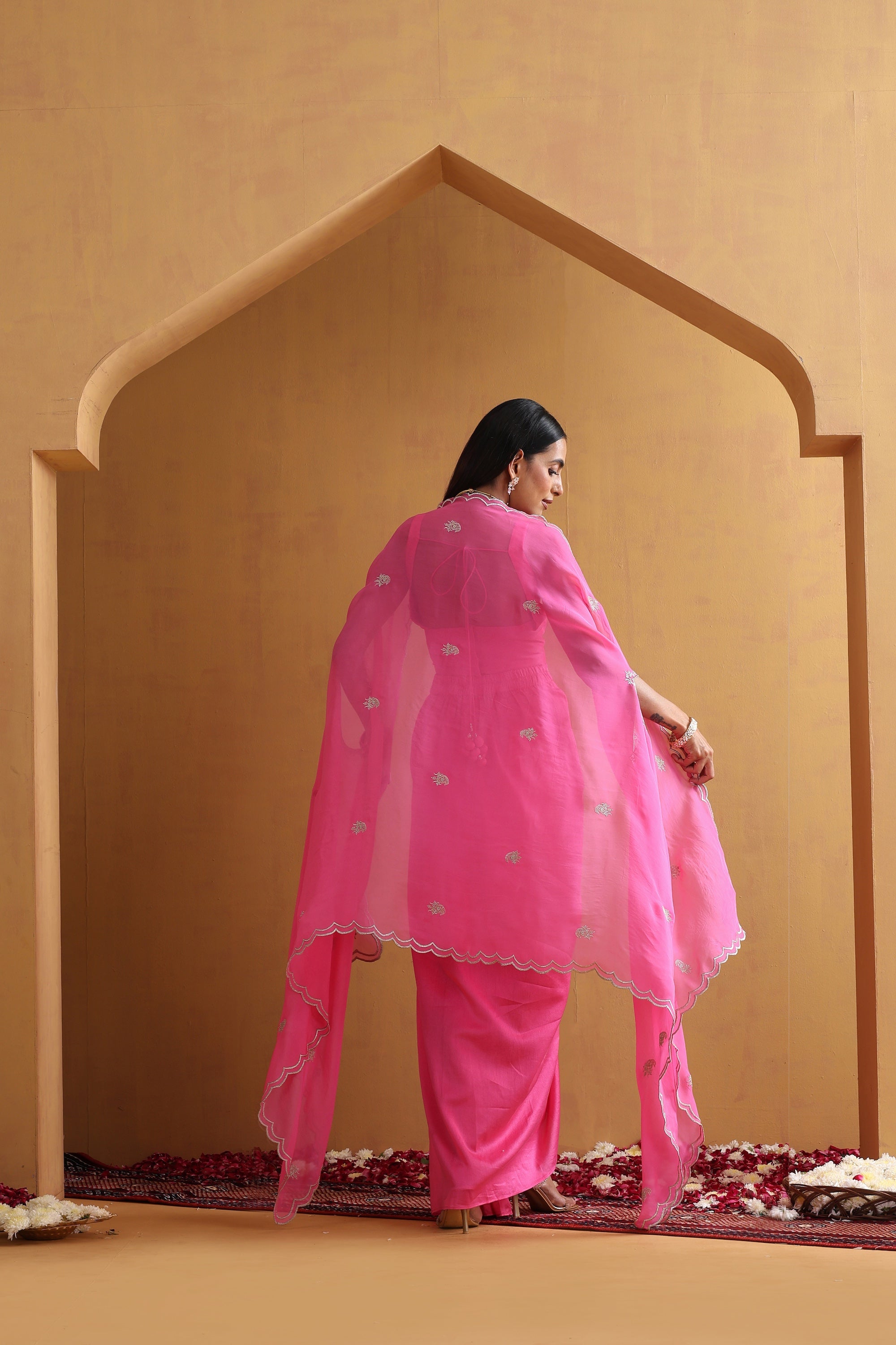 Aangan Pink Embroidered Draped Skirt Set with Cape