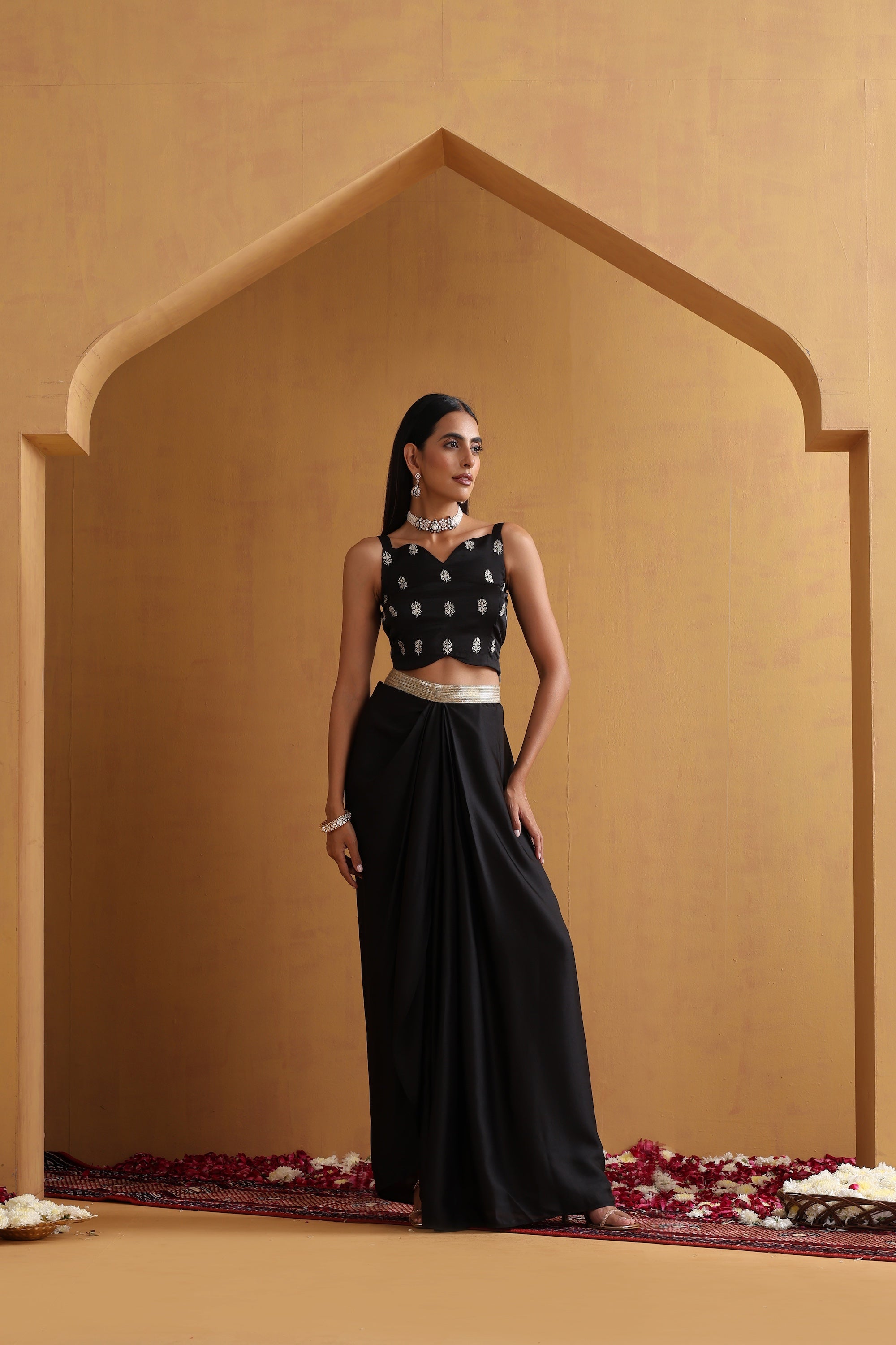 Rirsa Black Embroidered Draped Skirt Set with Cape