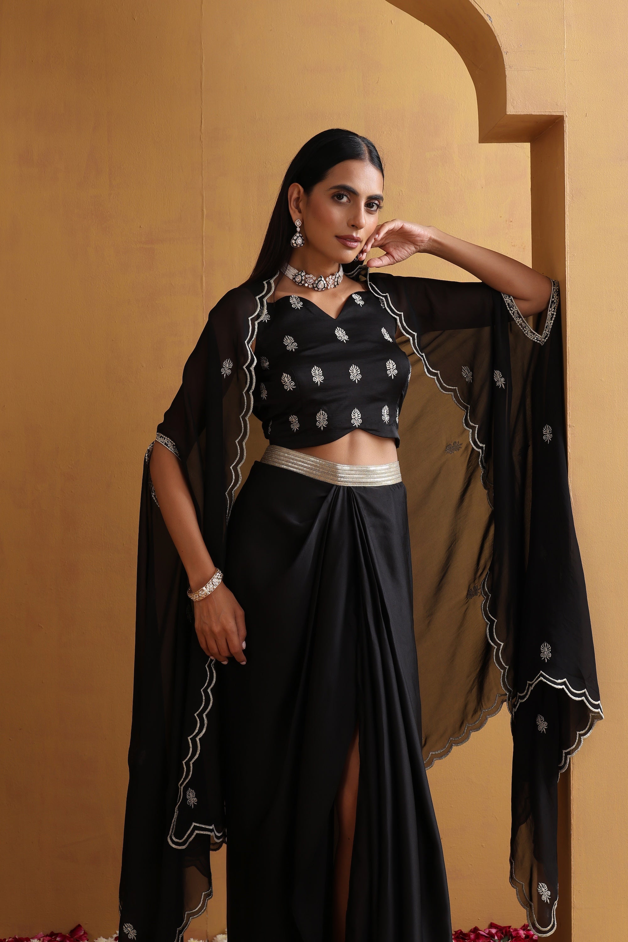 Rirsa Black Embroidered Draped Skirt Set with Cape