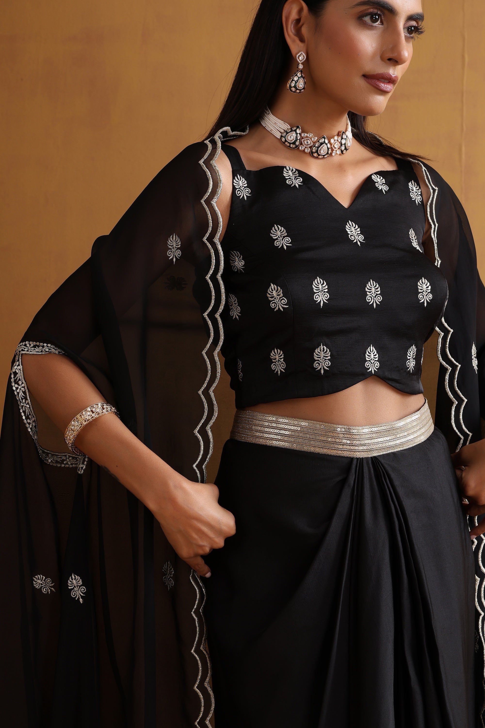 Rirsa Black Embroidered Draped Skirt Set with Cape