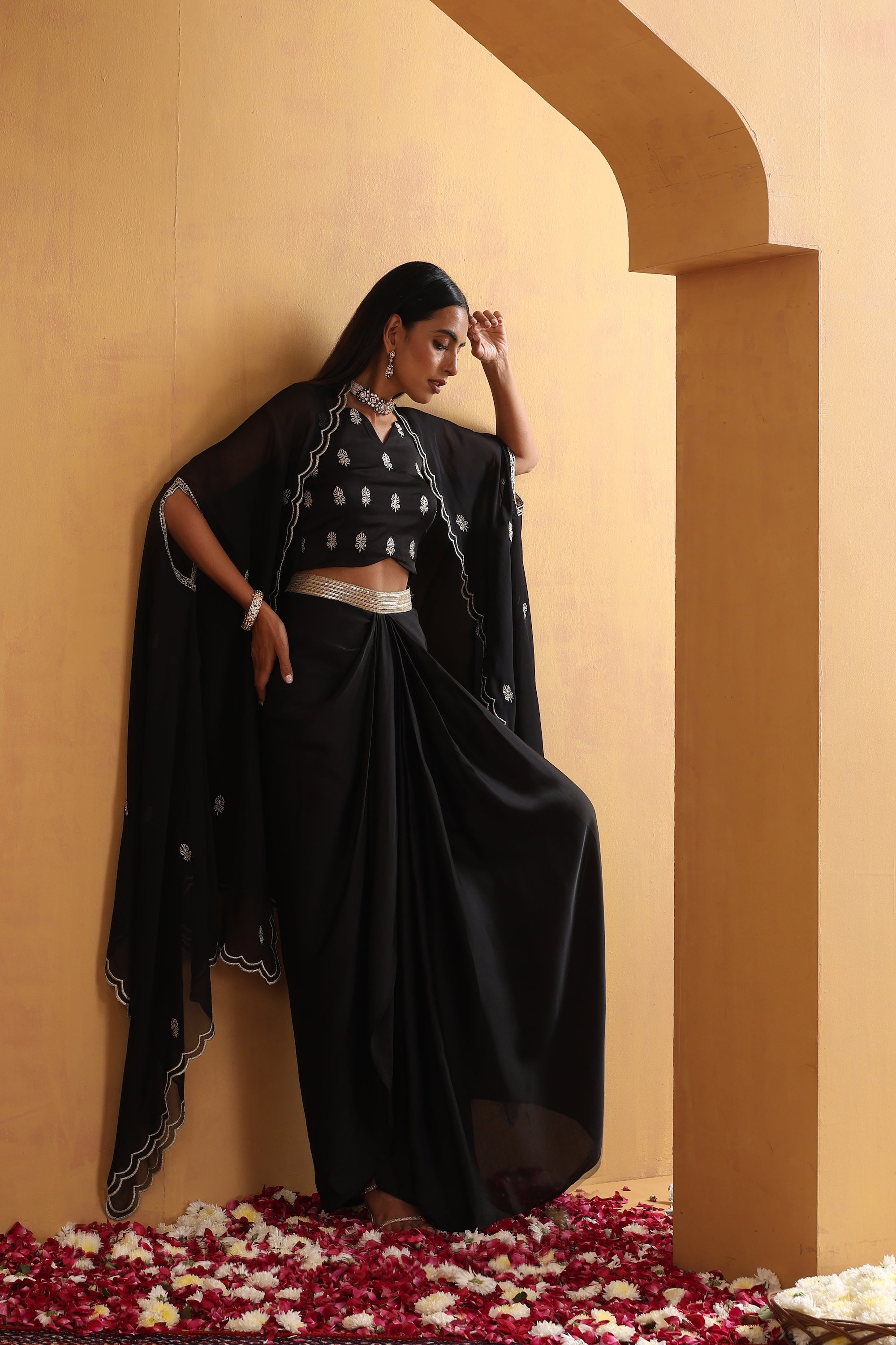 Rirsa Black Embroidered Draped Skirt Set with Cape