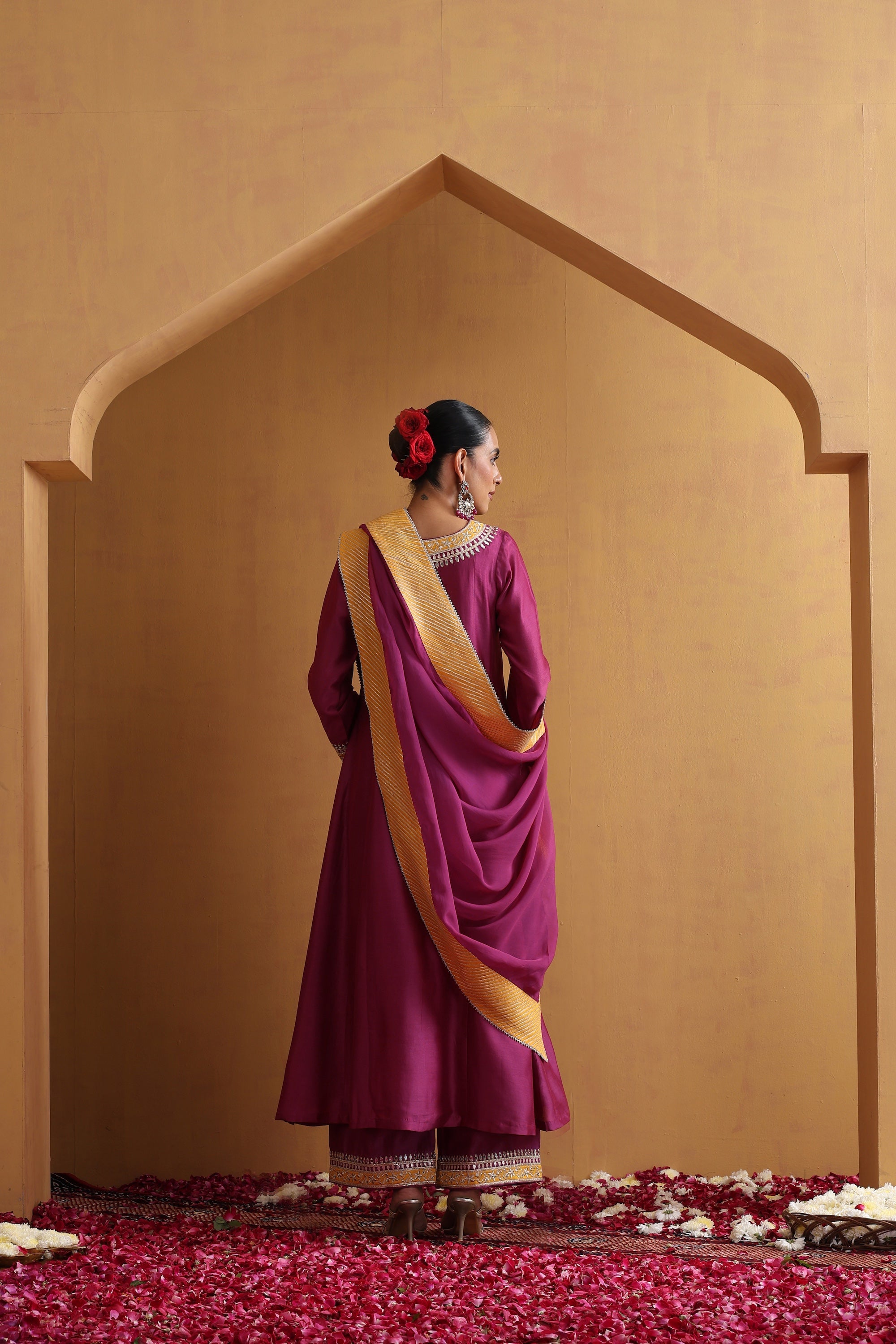 Dhiya Wine and Yellow Embroidered Kurta Set with Dupatta