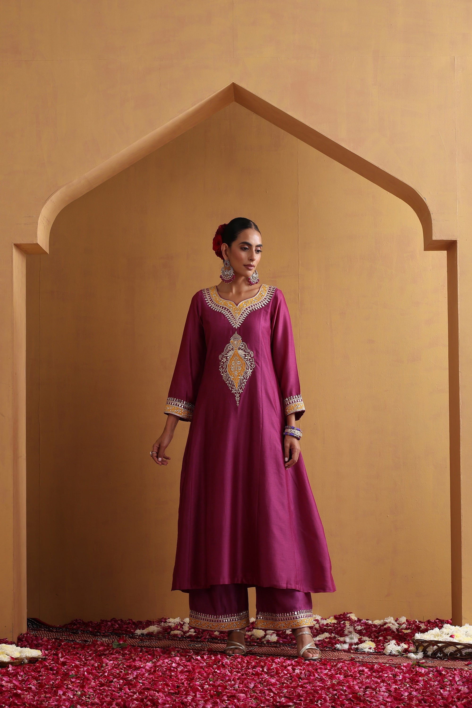 Dhiya Wine and Yellow Embroidered Kurta Set with Dupatta