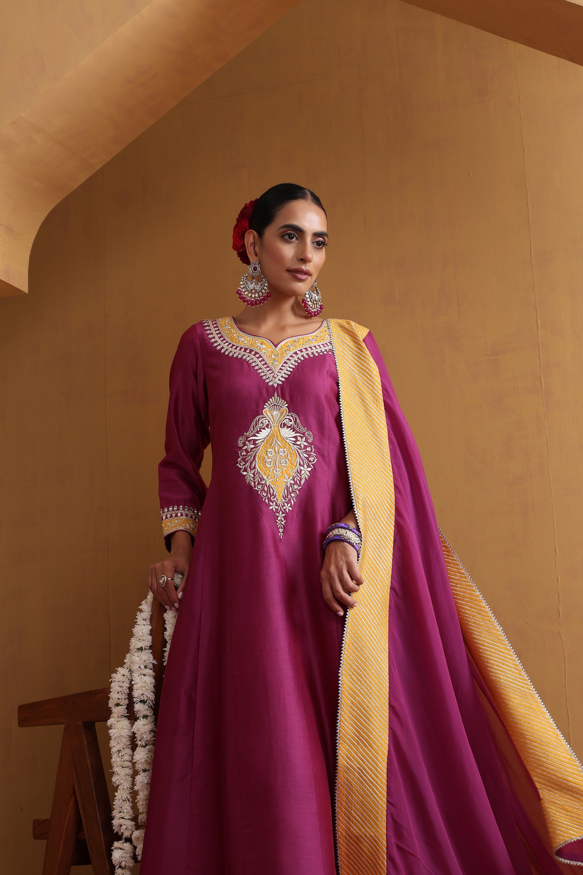 Dhiya Wine and Yellow Embroidered Kurta Set with Dupatta