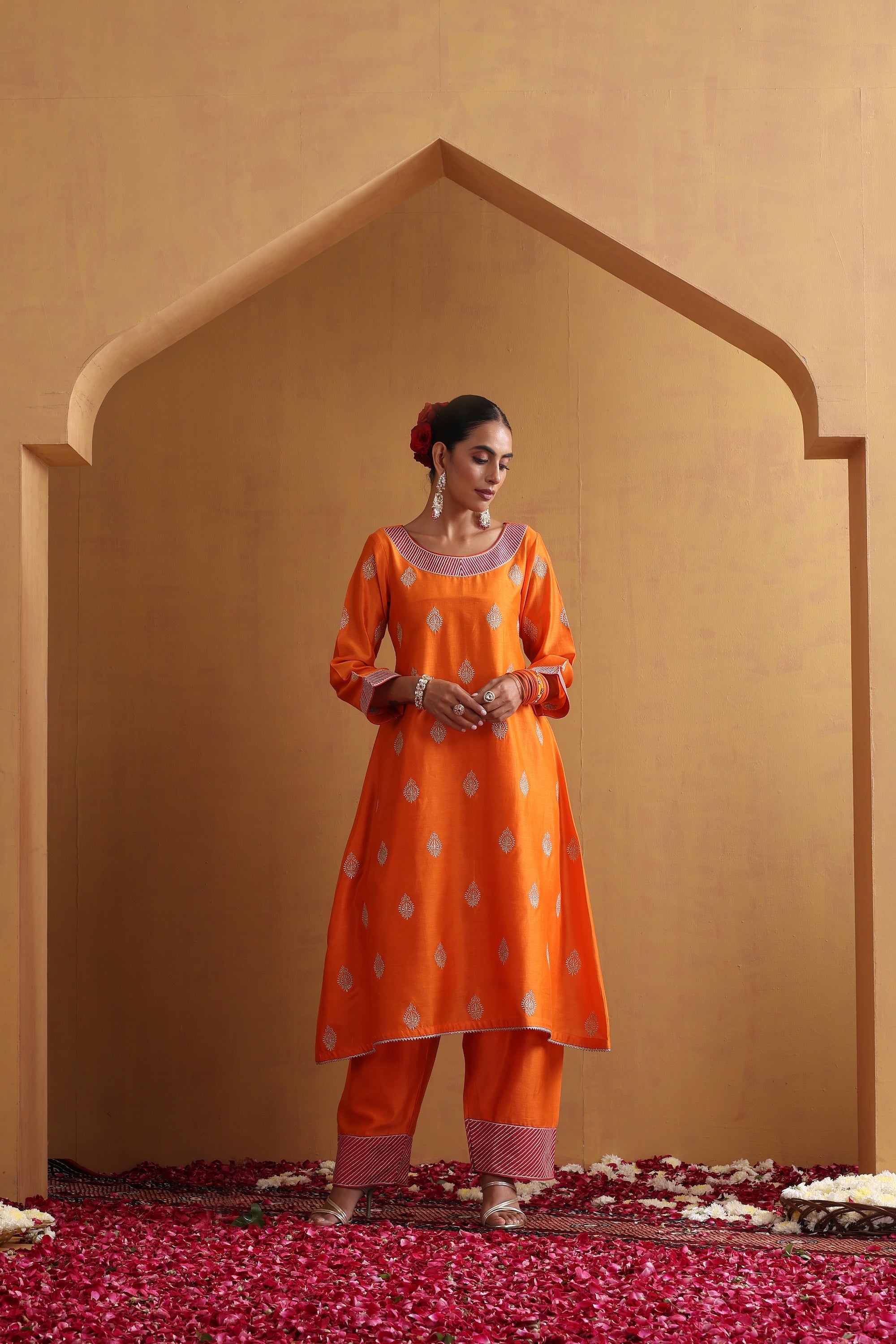 Vedanshi Orange Embroidered Kurta Set with Dupatta