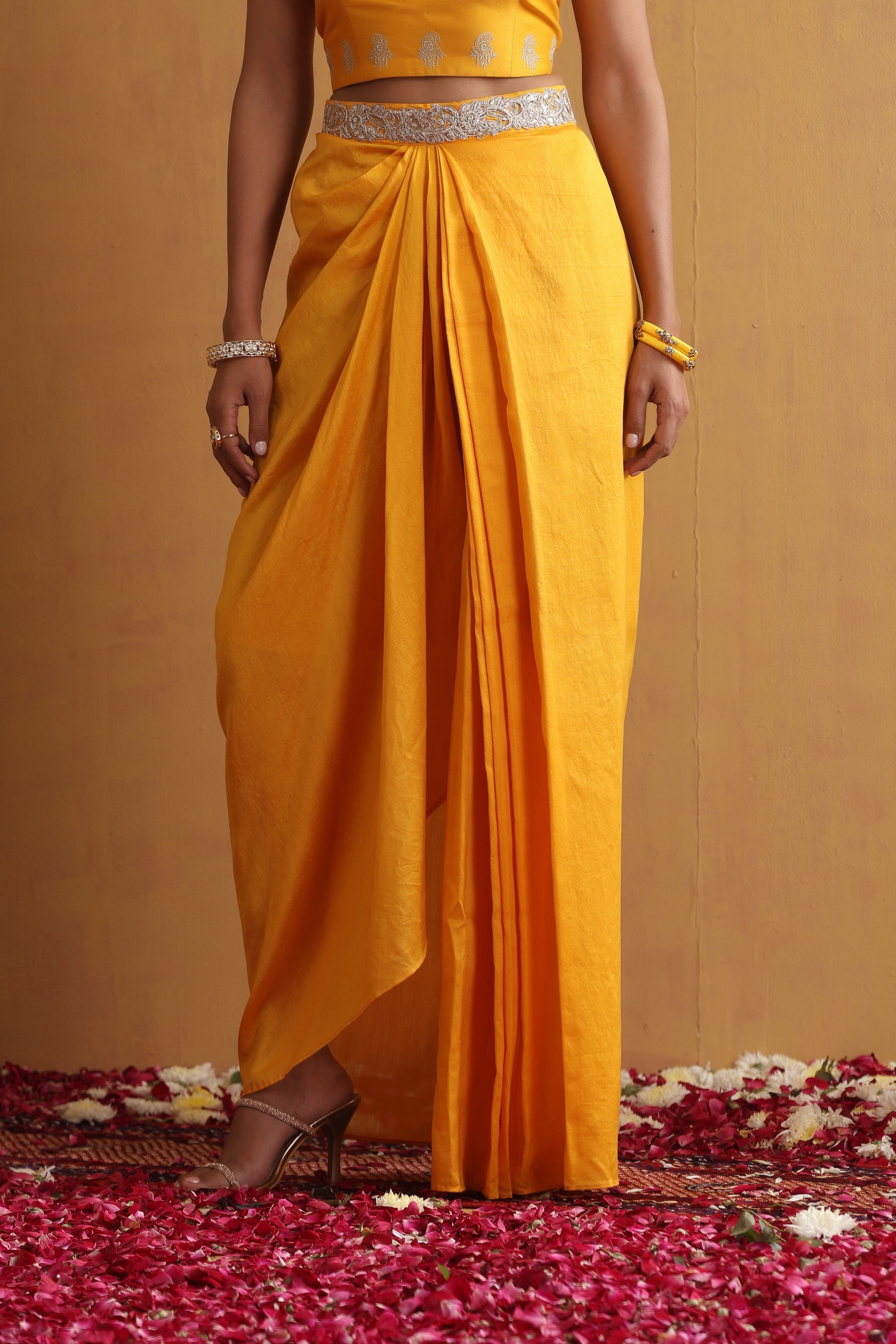 Aangan Yellow Embroidered Draped Skirt Set with Cape