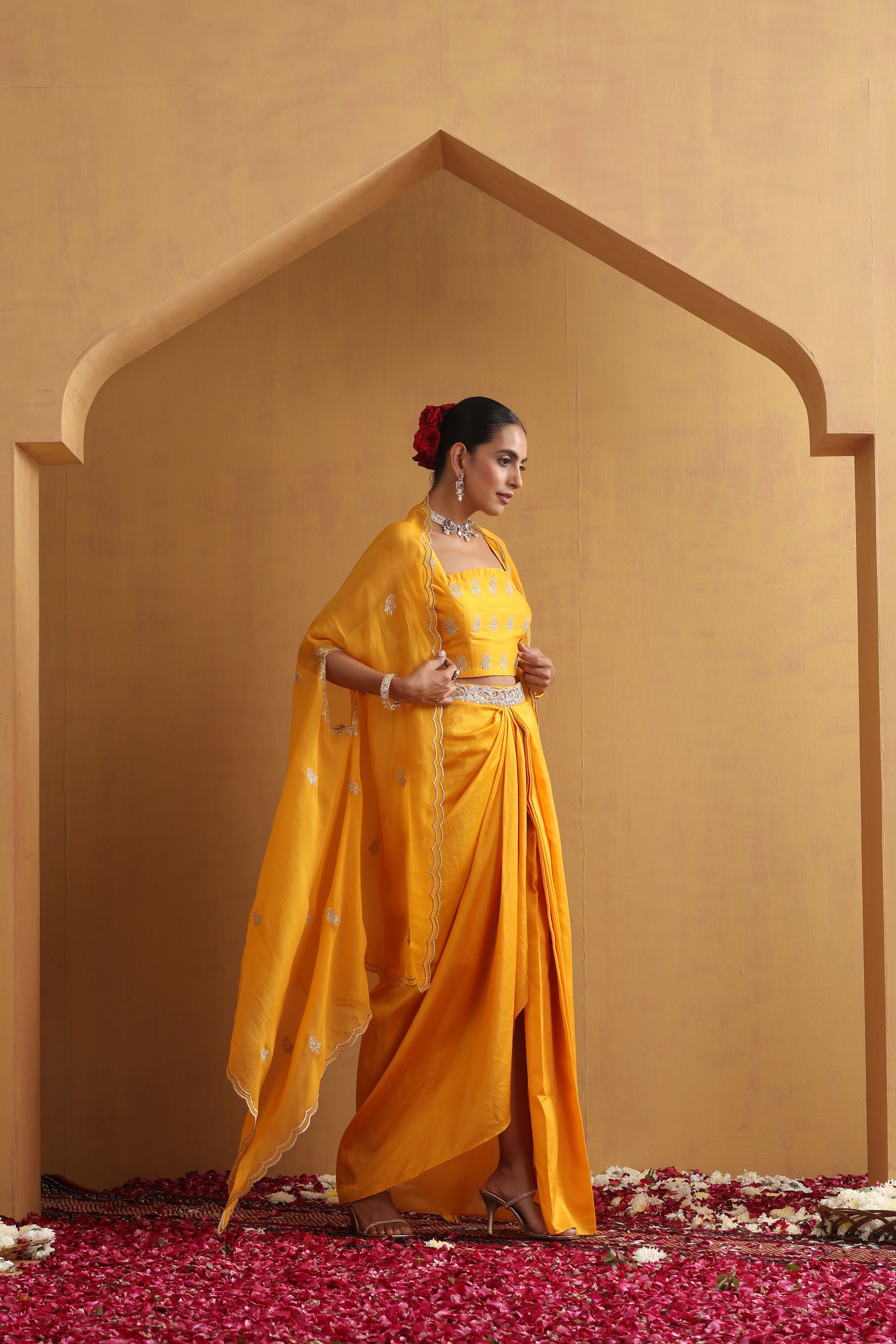 Aangan Yellow Embroidered Draped Skirt Set with Cape