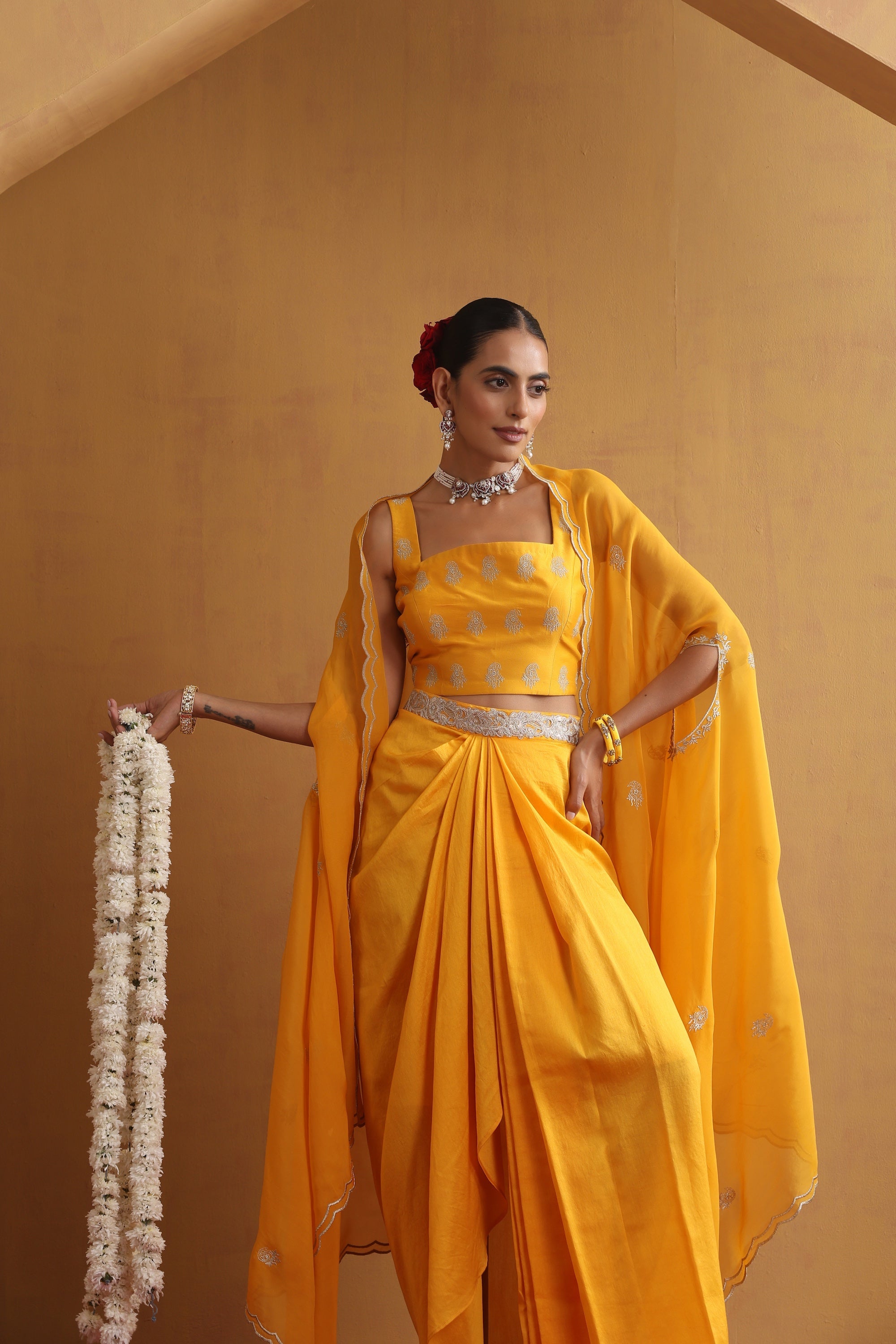 Aangan Yellow Embroidered Draped Skirt Set with Cape