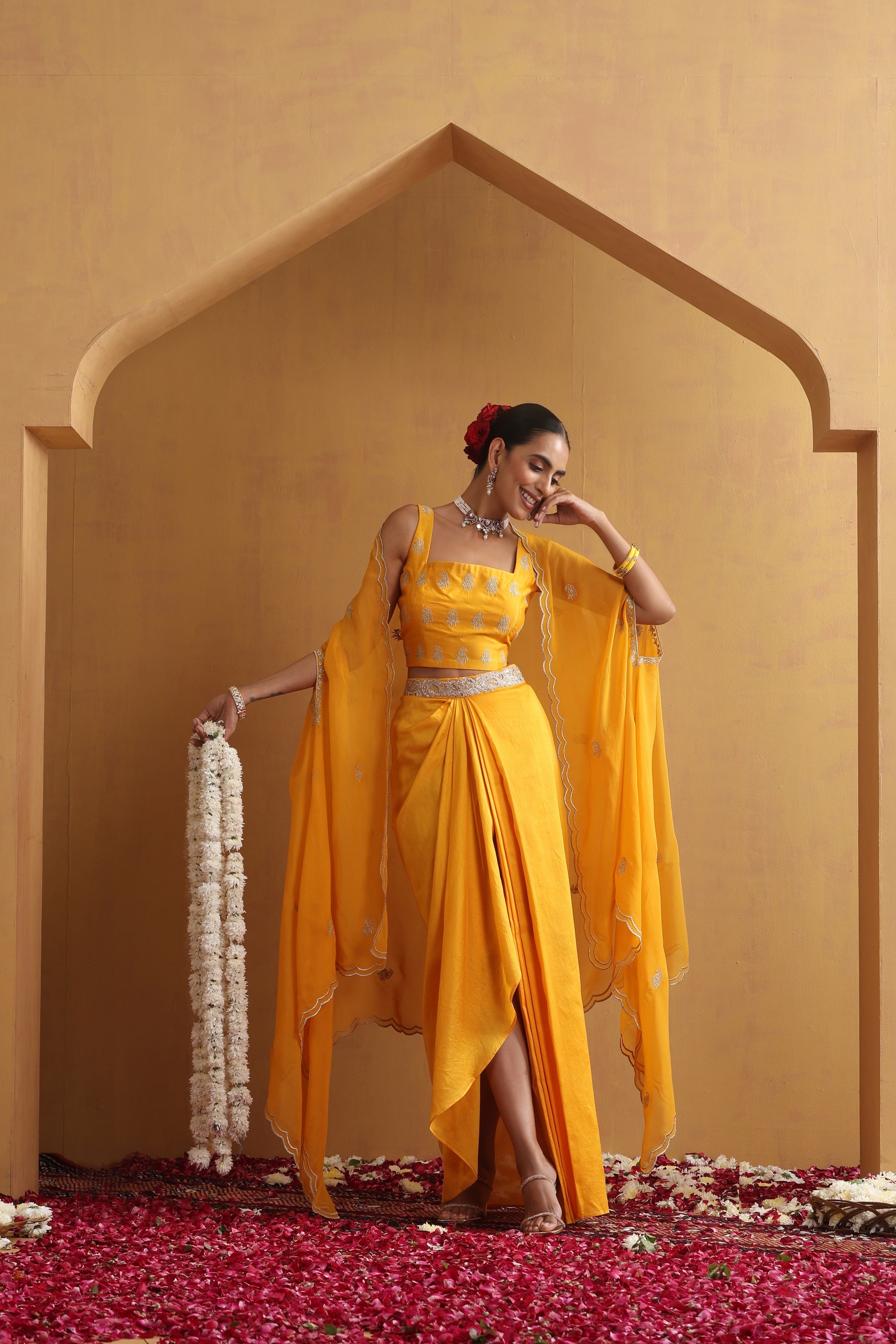 Aangan Yellow Embroidered Draped Skirt Set with Cape