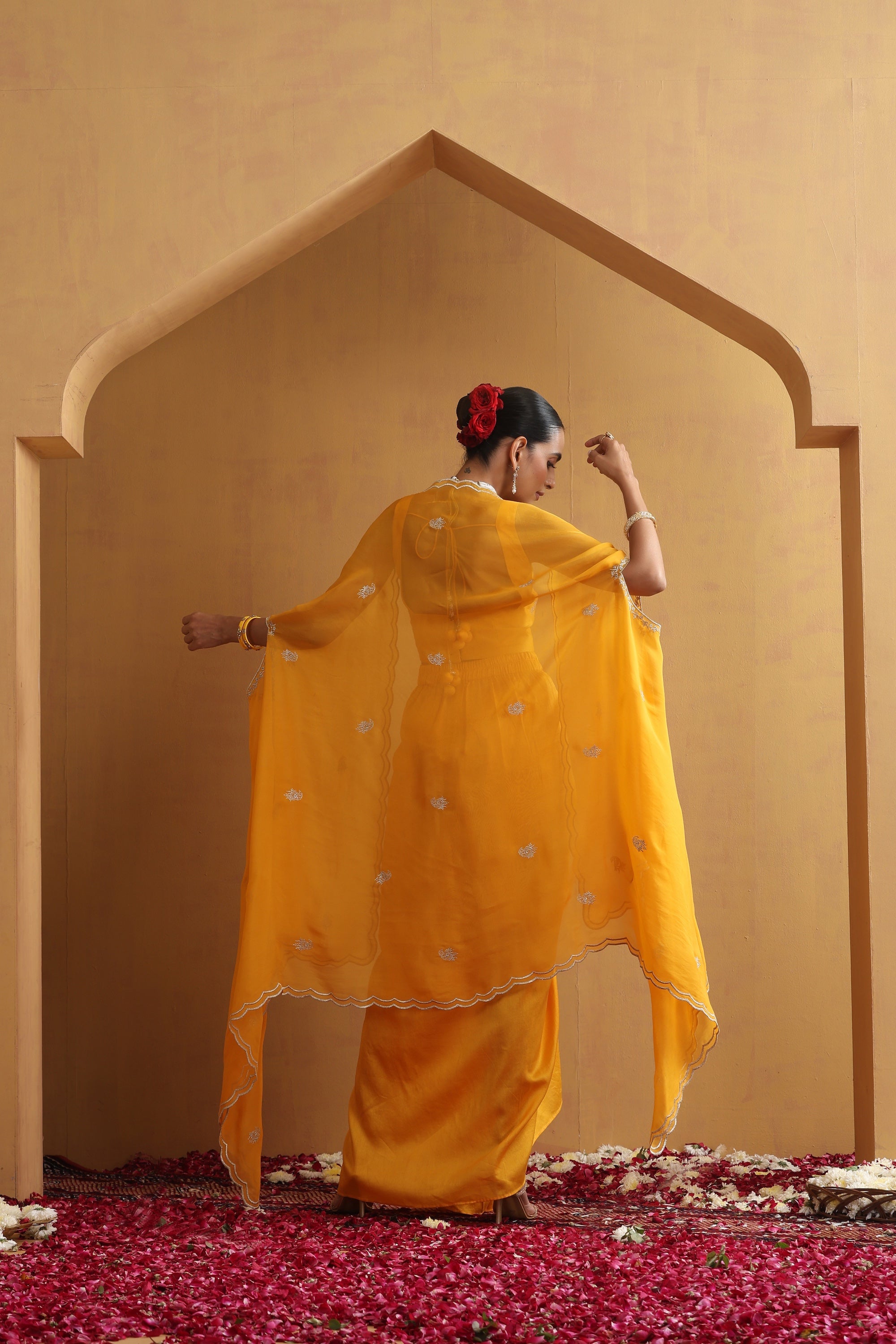 Aangan Yellow Embroidered Draped Skirt Set with Cape