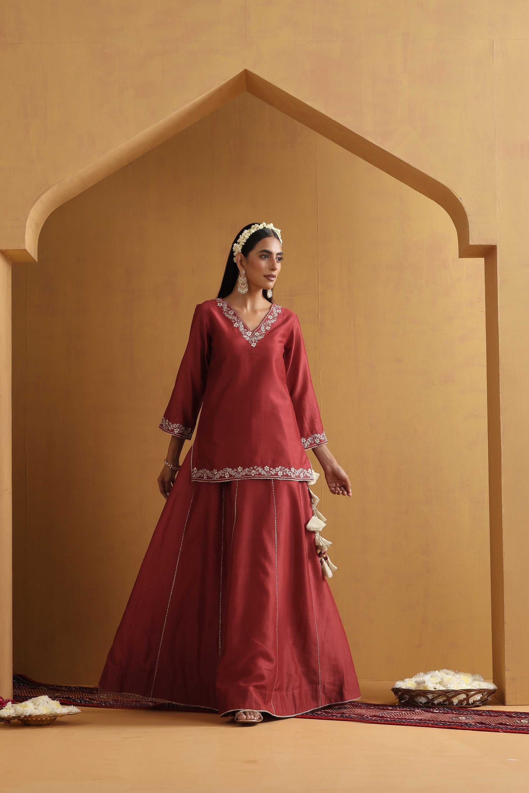 Katha Rust Embroidered Lehenga Set with Dupatta