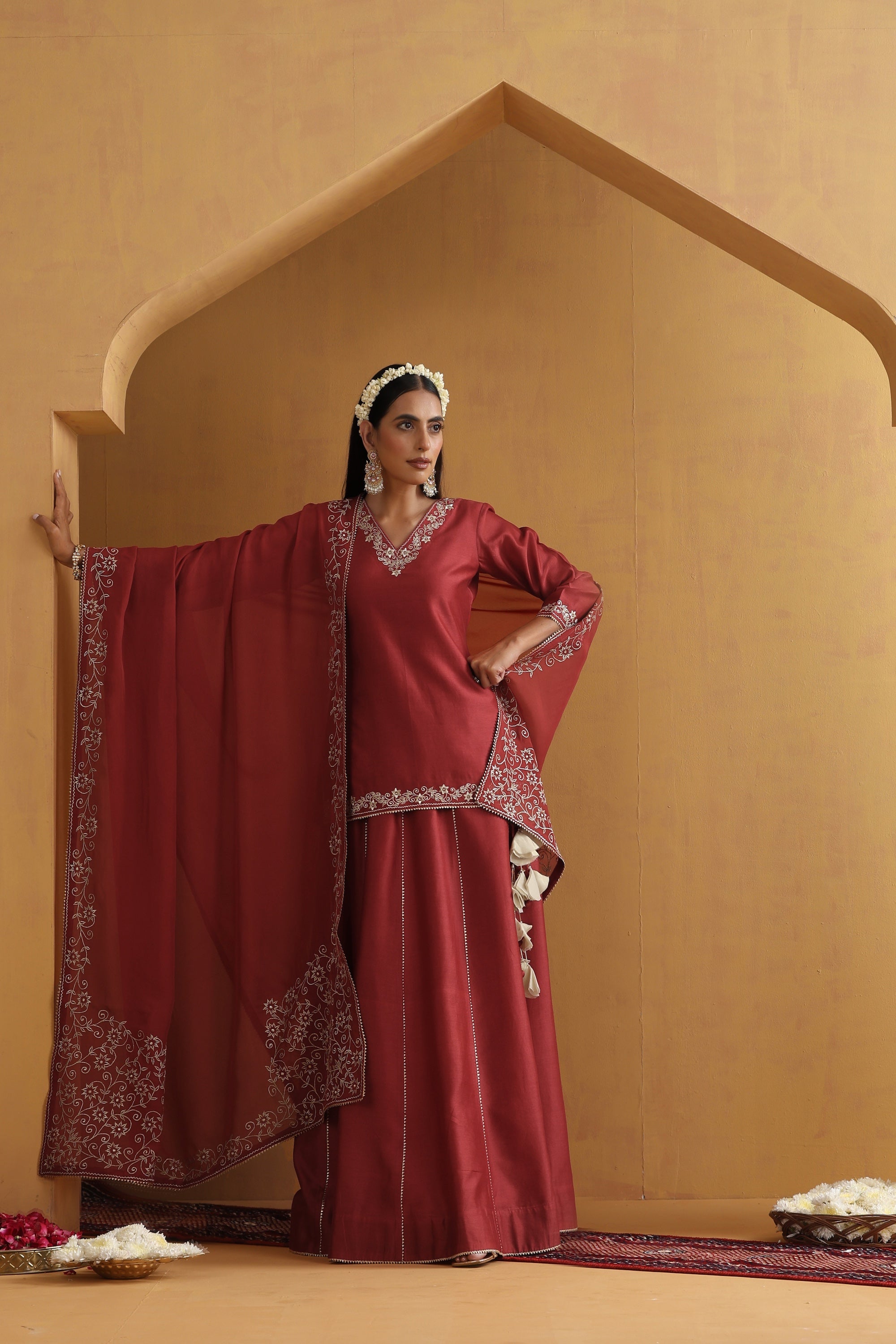 Katha Rust Embroidered Lehenga Set with Dupatta