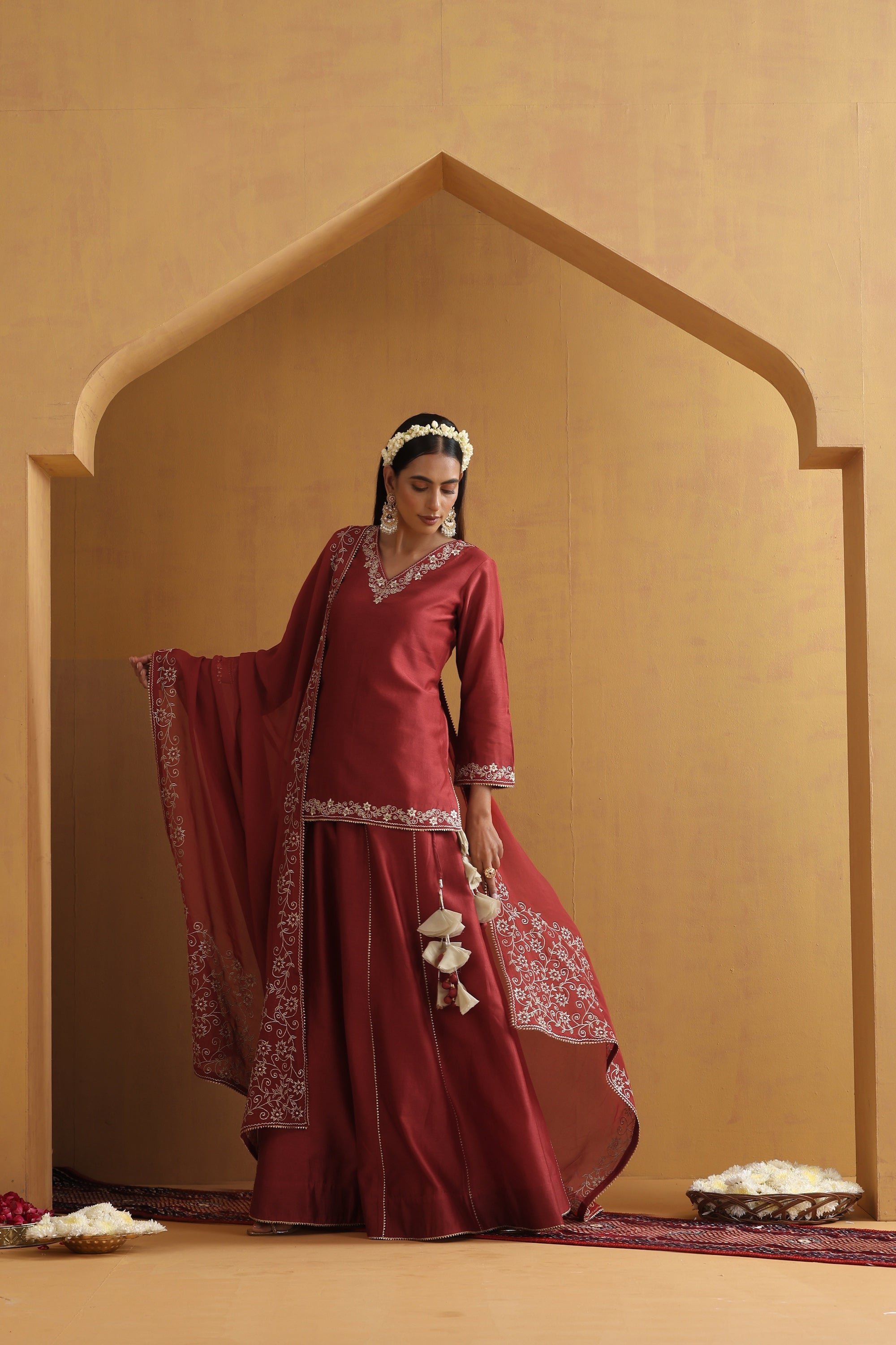 Katha Rust Embroidered Lehenga Set with Dupatta