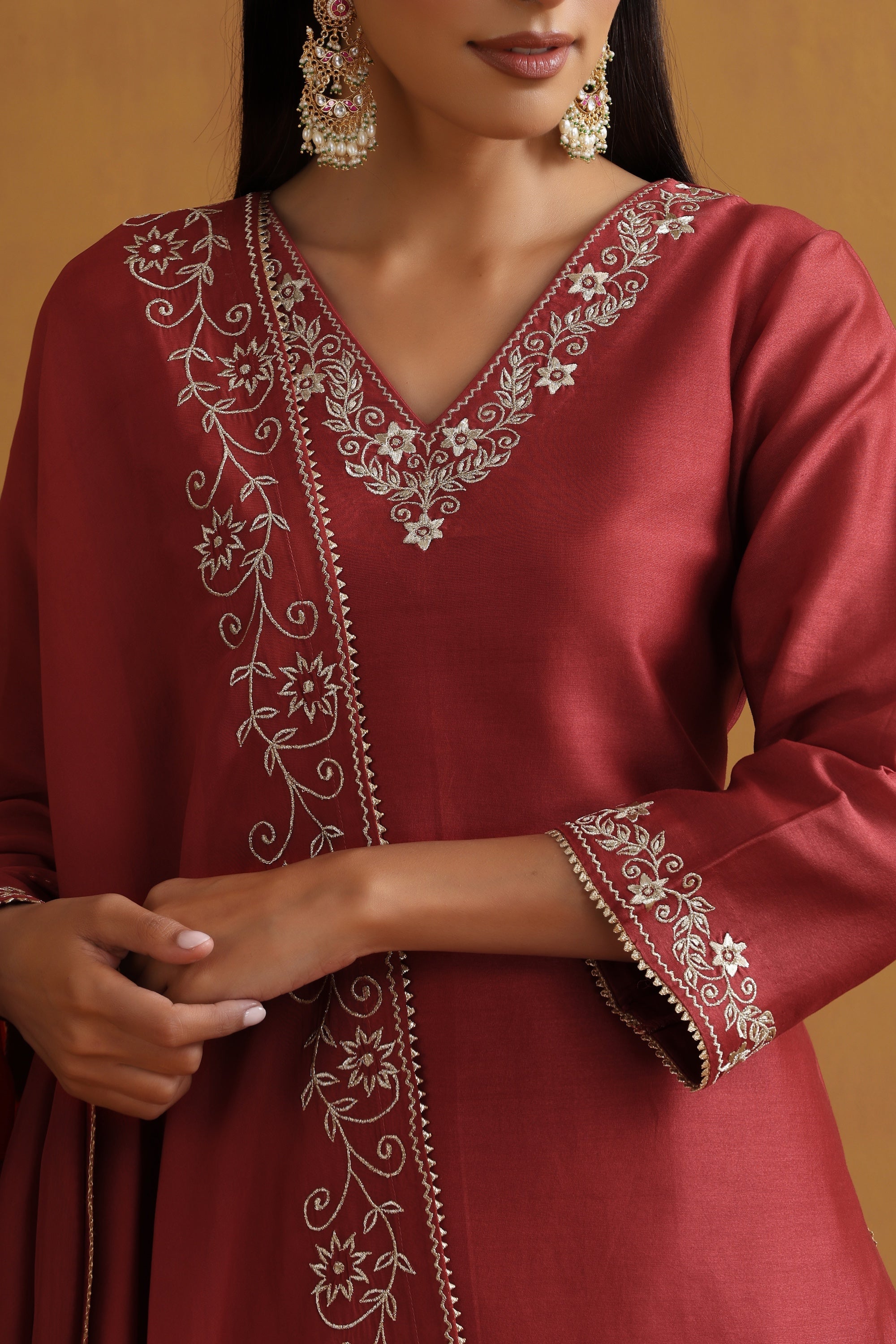 Katha Rust Embroidered Lehenga Set with Dupatta