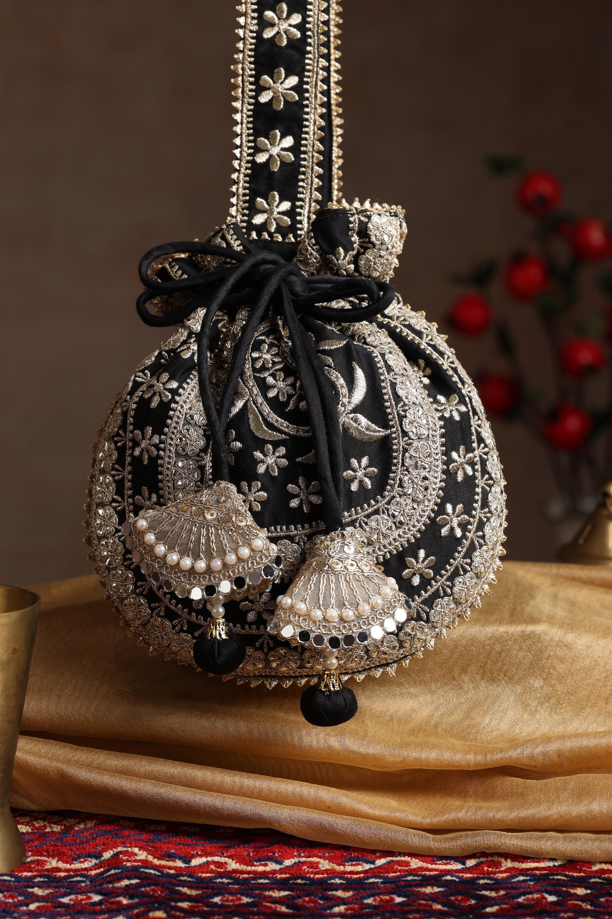 Sui Kala Sahiba Black Embroidered Potli Bag