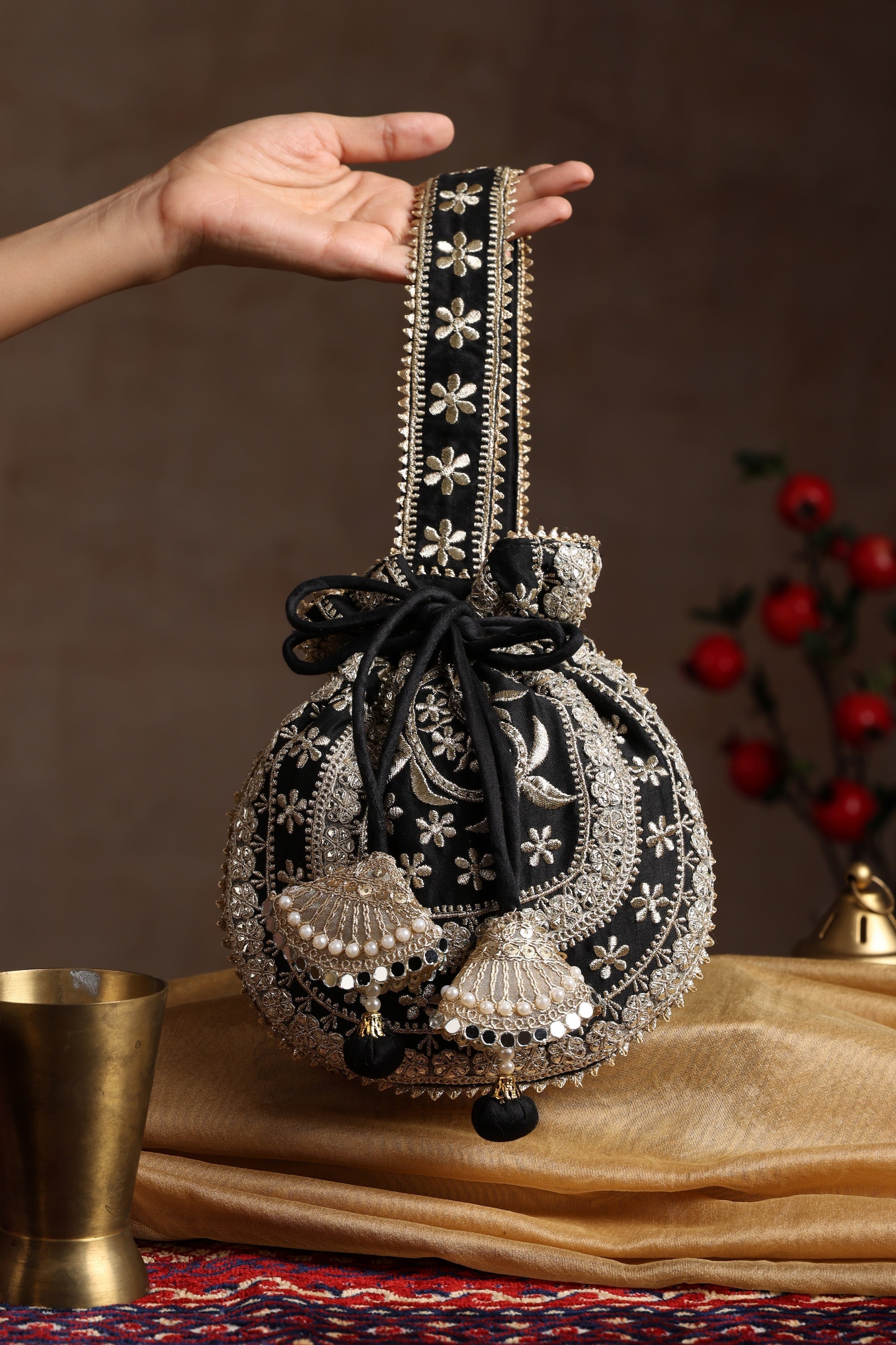 Sui Kala Sahiba Black Embroidered Potli Bag