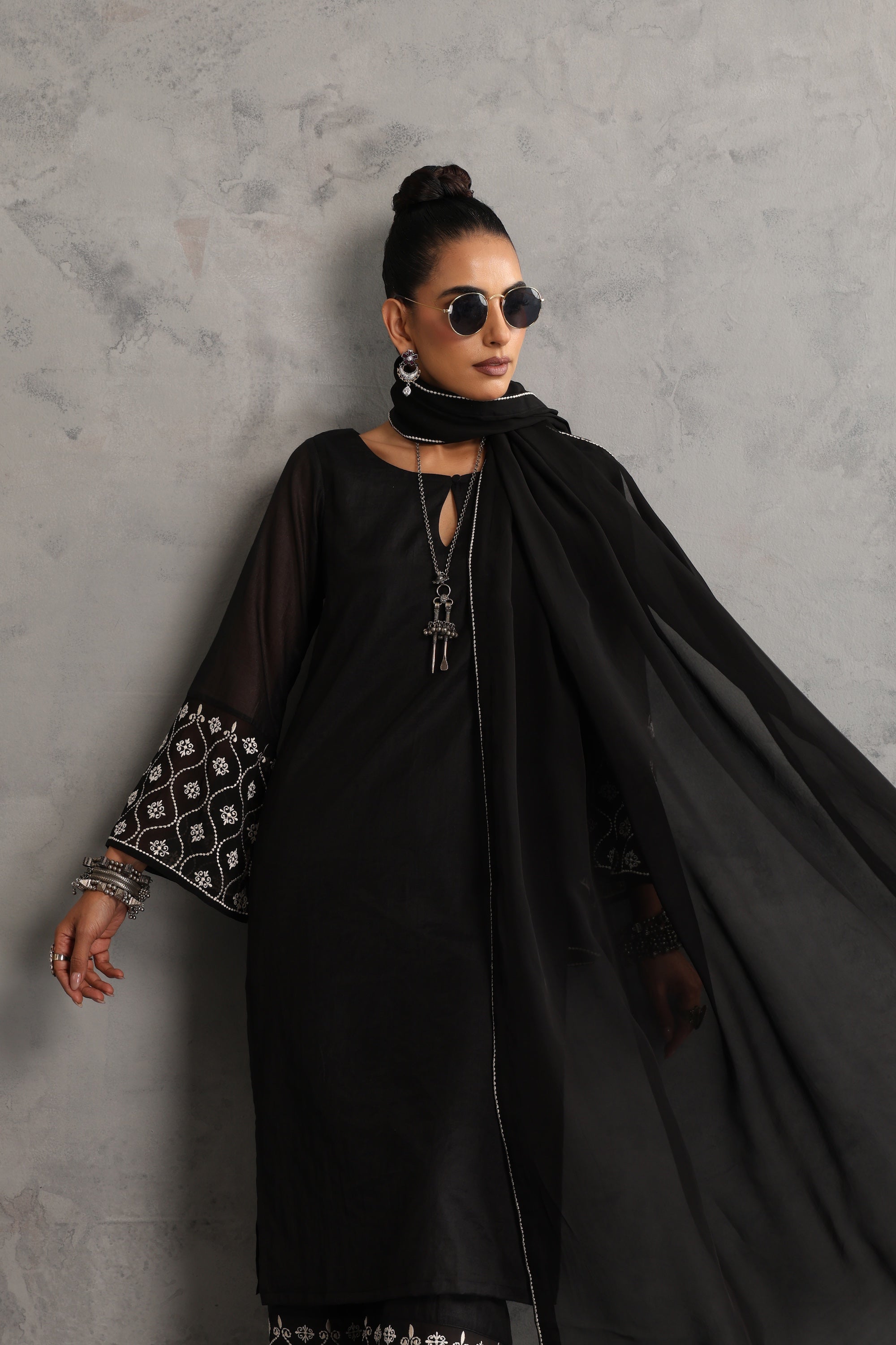 Yuvina Black Embroidered Kurta Set with Dupatta