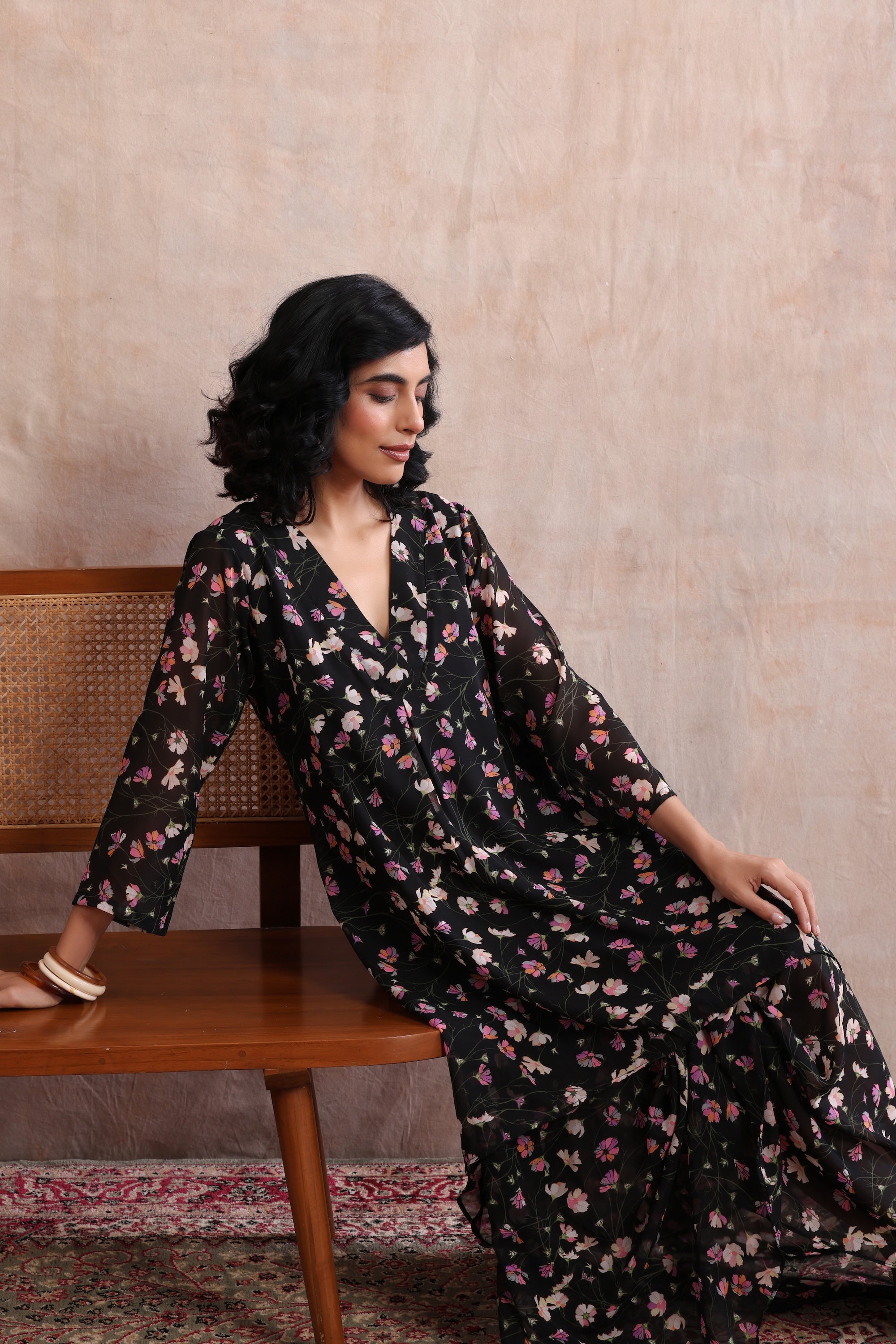 Nisha Black Floral Printed Kurta Dress