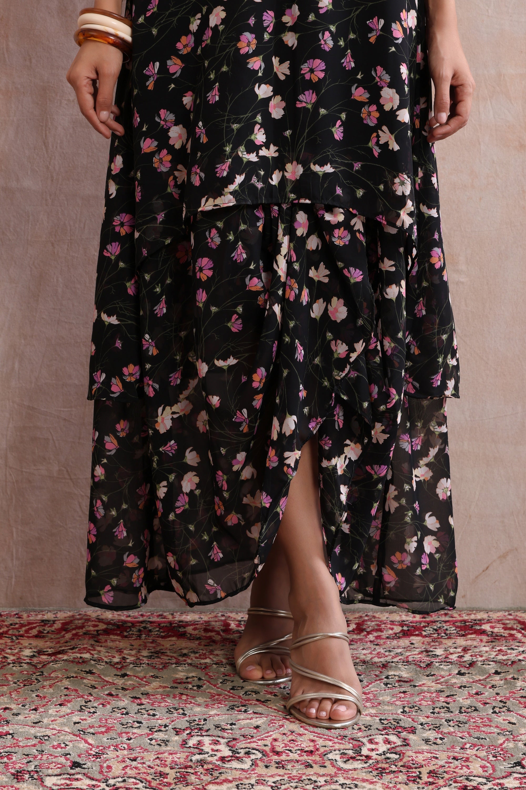 Nisha Black Floral Printed Kurta Dress