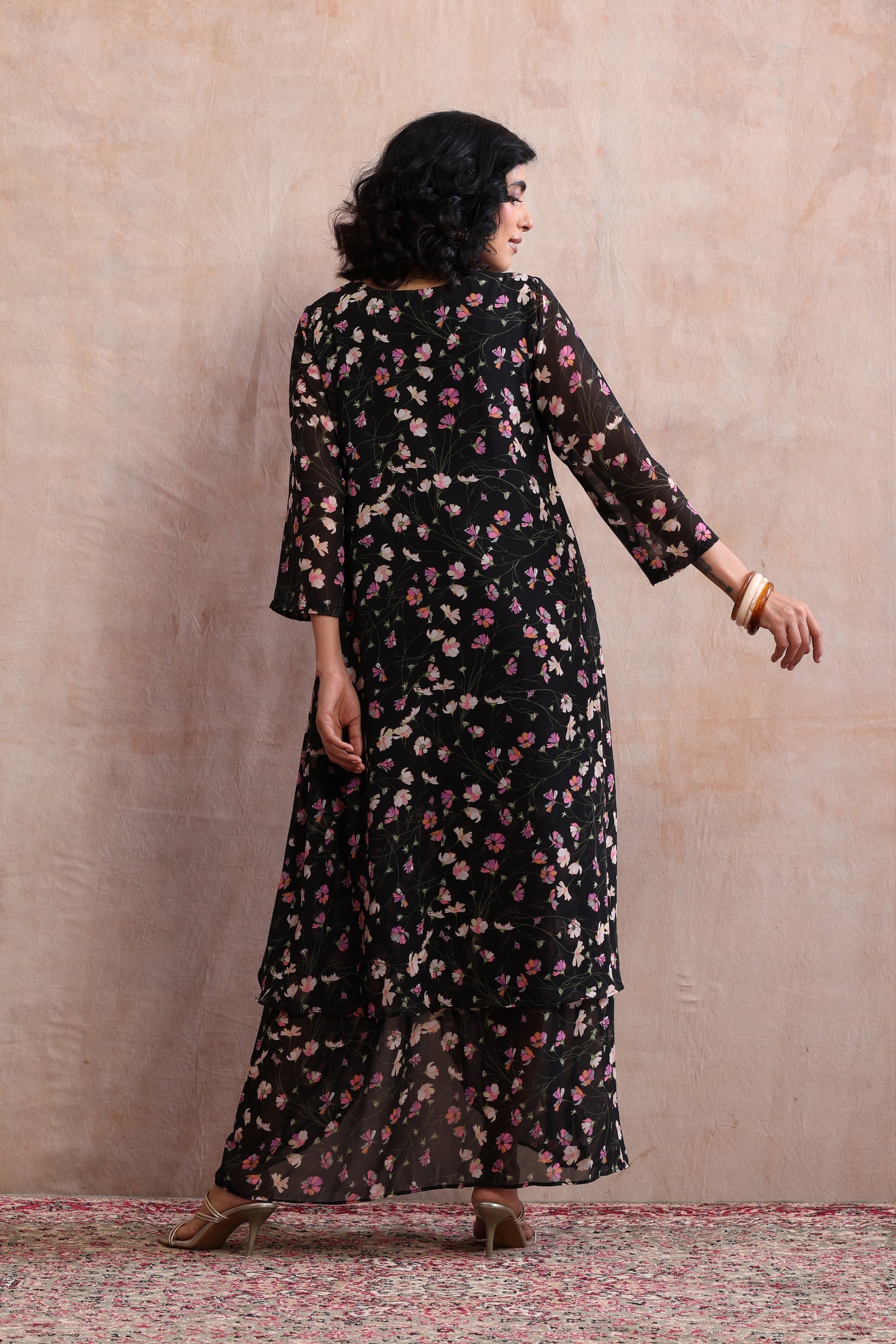 Nisha Black Floral Printed Kurta Dress