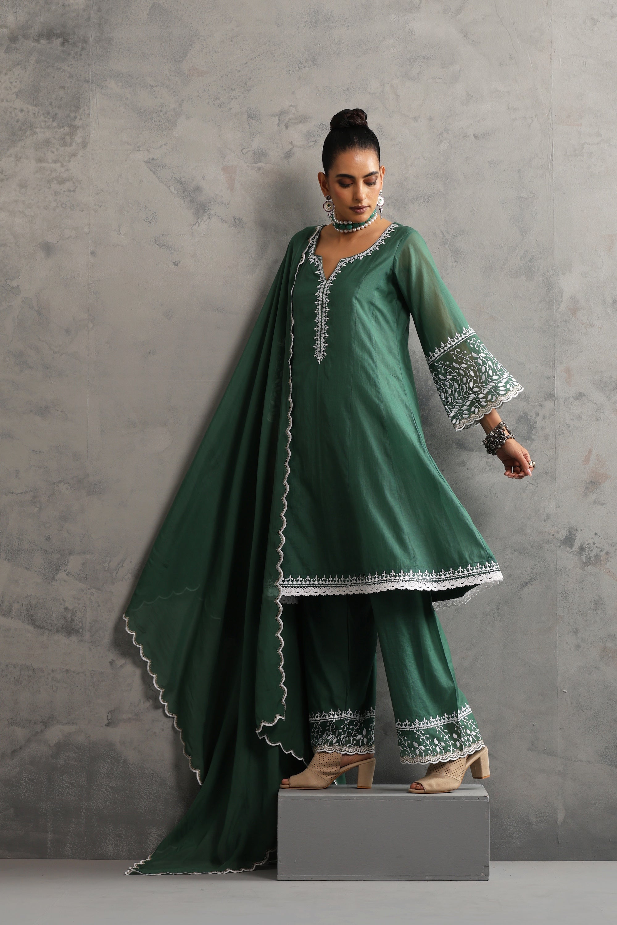 Indali Deep Green Embroidered Kurta Set with Dupatta